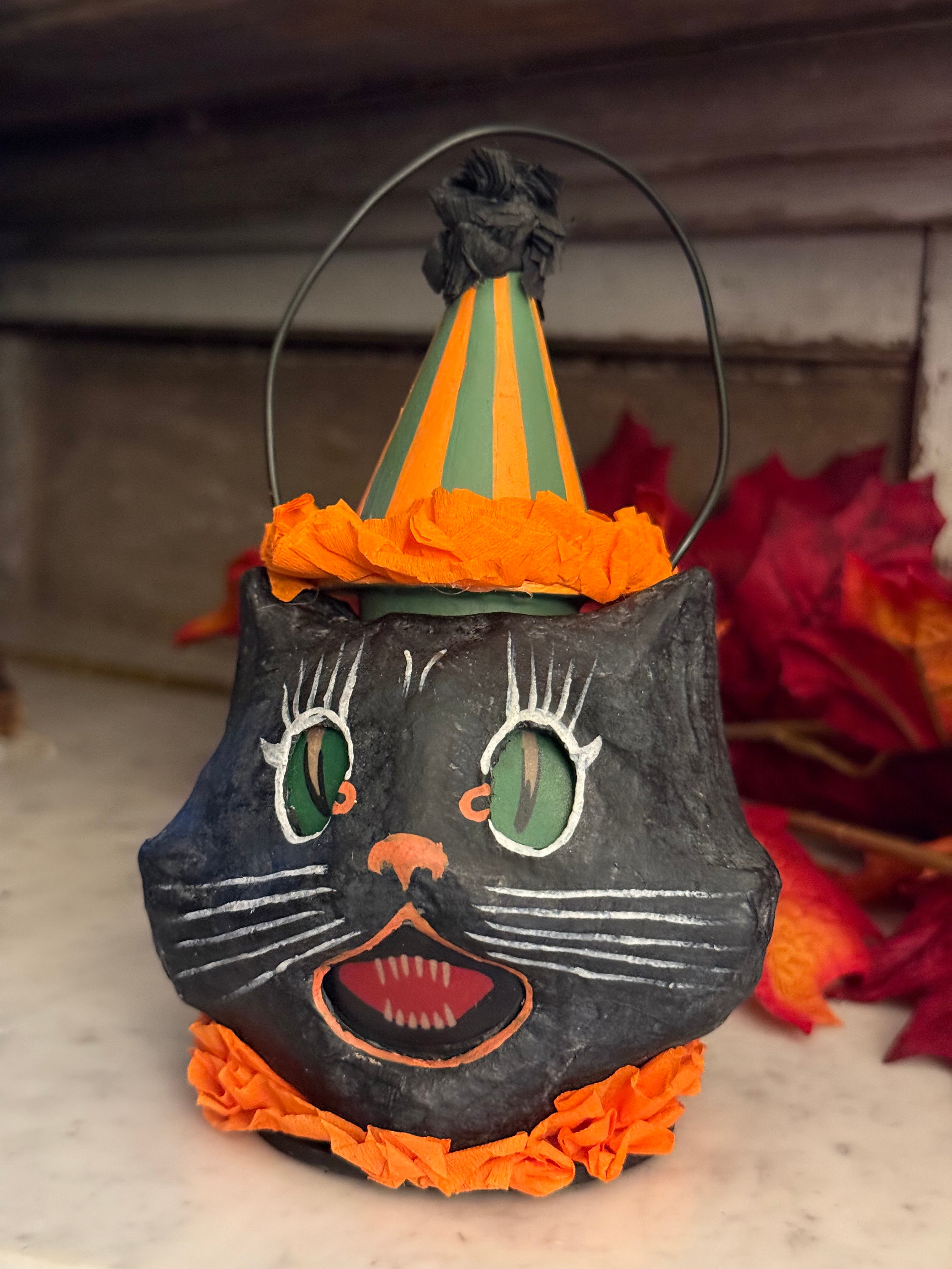 Bethany Lowe Vintage Sassy Black Cat Mini Bucket Lantern w/ Hat