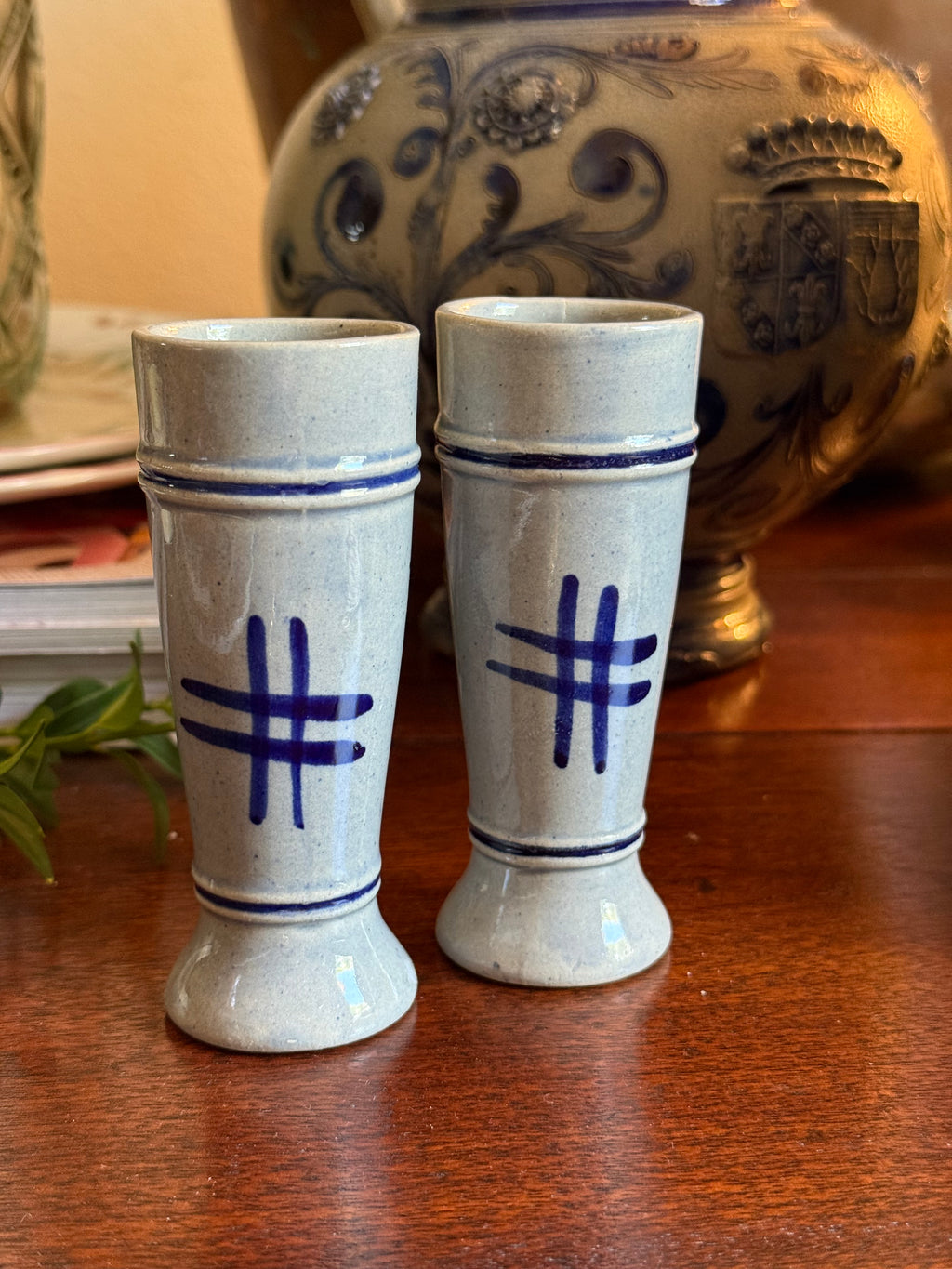 Vintage Blue Salt-Glazed Crock Shot Glasses, Set of 2