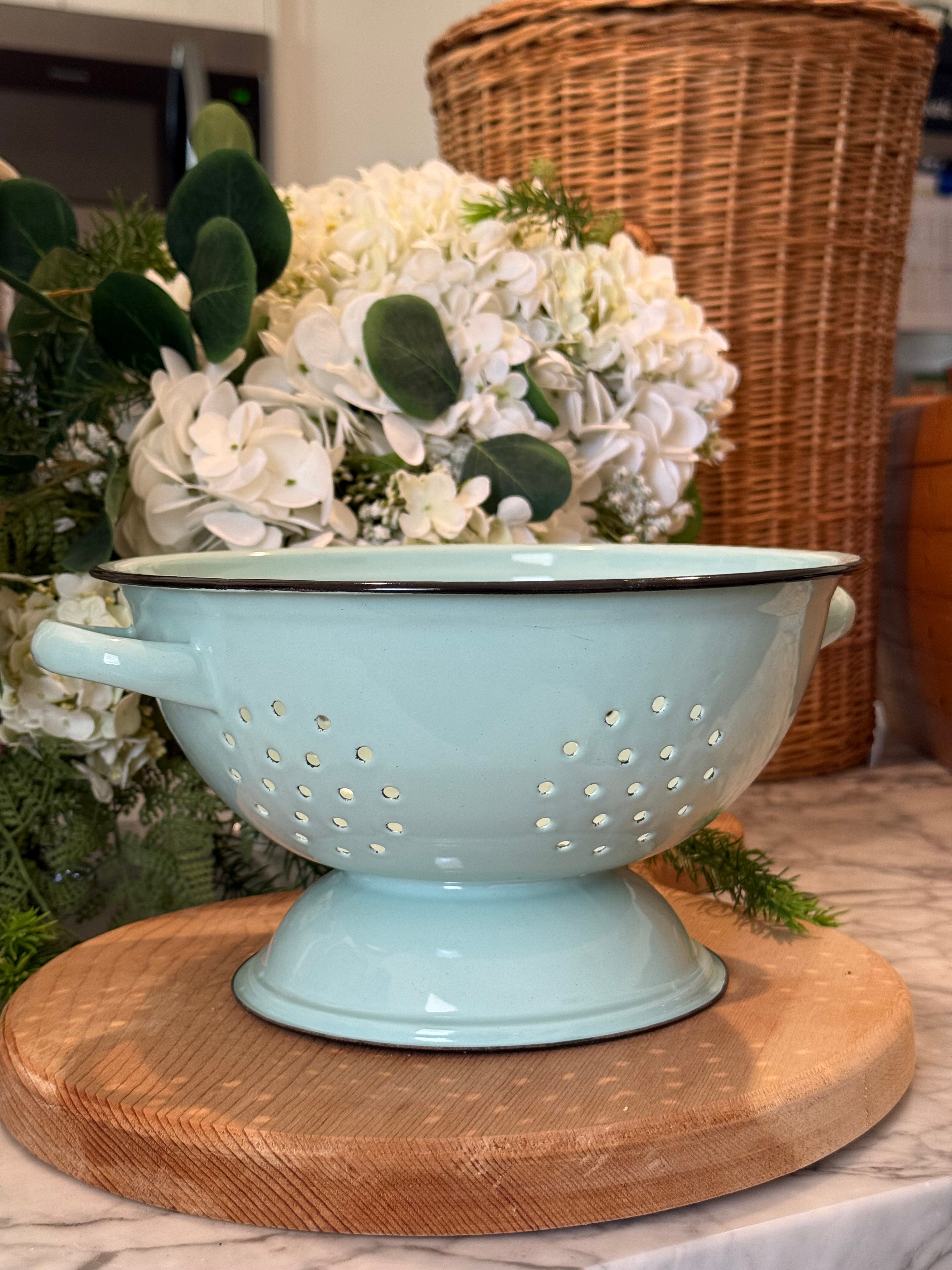 Vintage Pale Blue Teal Enamelware Pedestal Colander Strainer