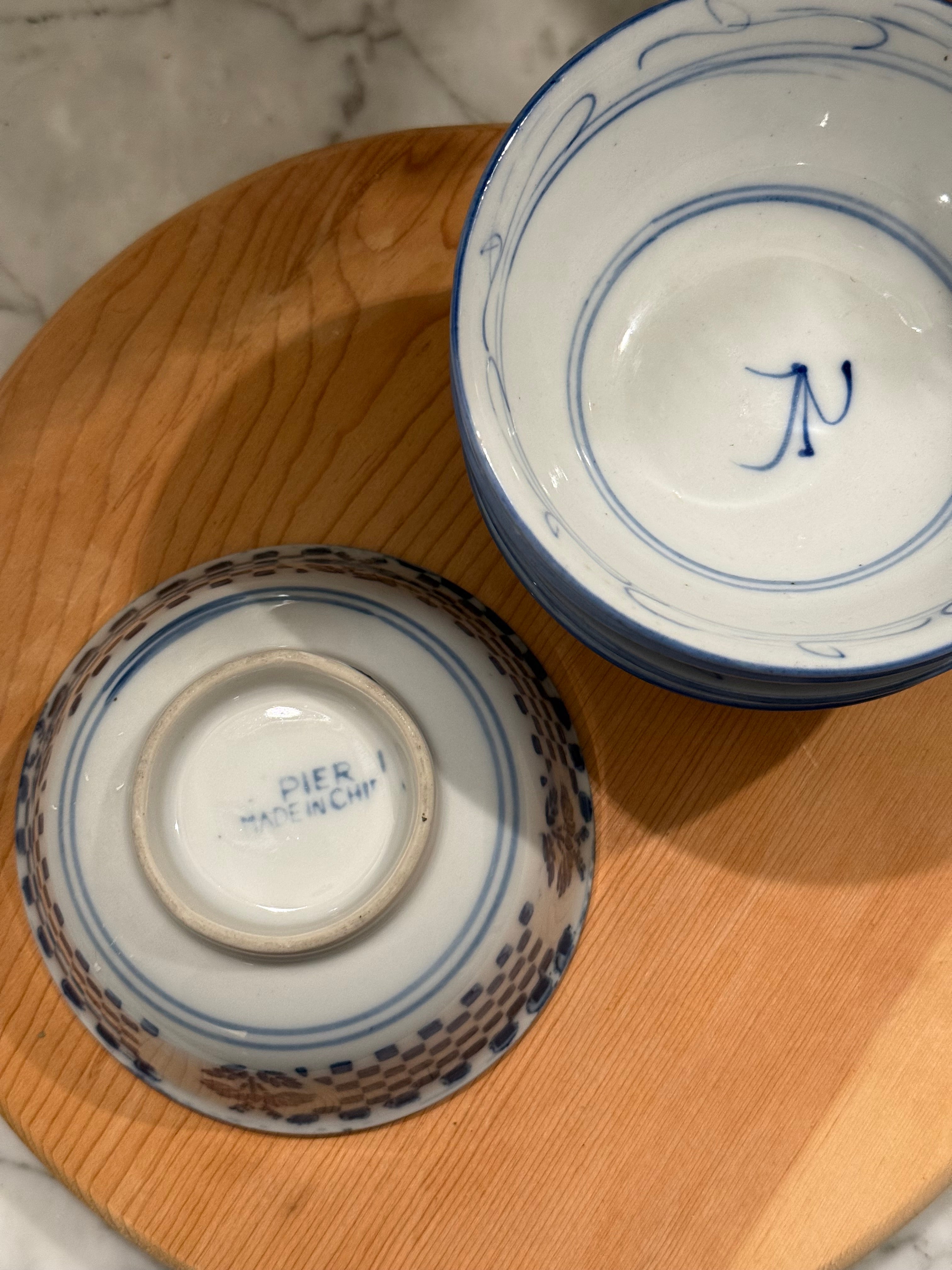 Vintage Chinoiserie Blue and White Ceramic Rice Bowl
