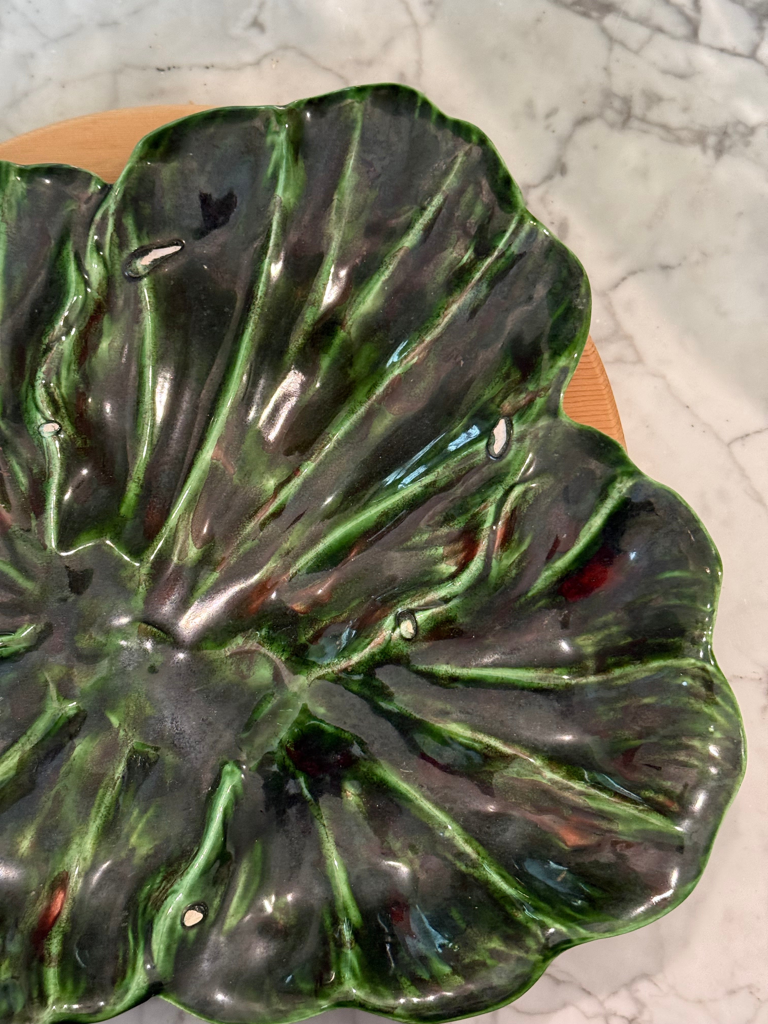 Vintage Green Majolica Style Cabbage Platter Serving Plate (Well Loved)