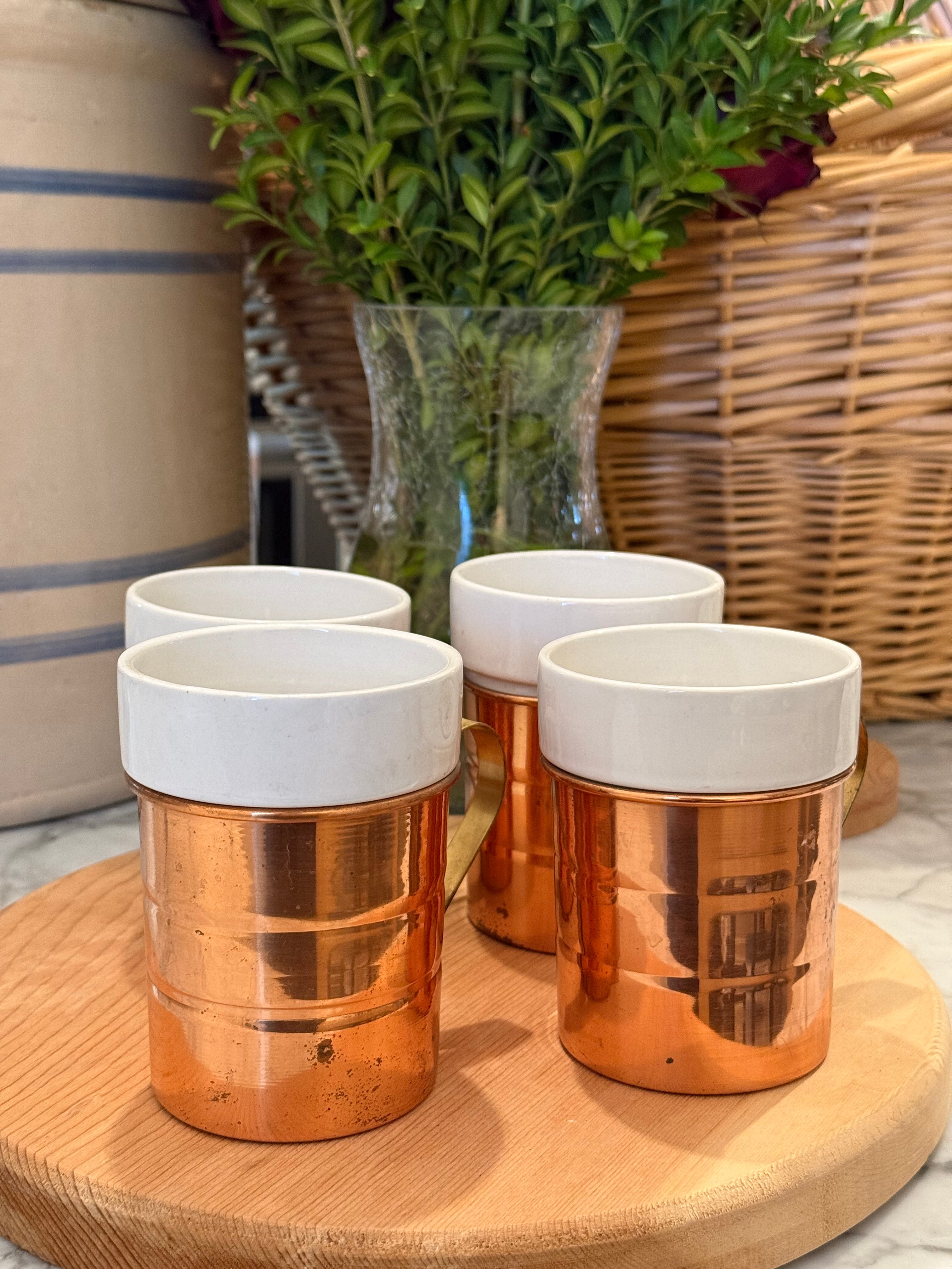 Vintage Copper Insulated Porcelain Mugs, Set of 4