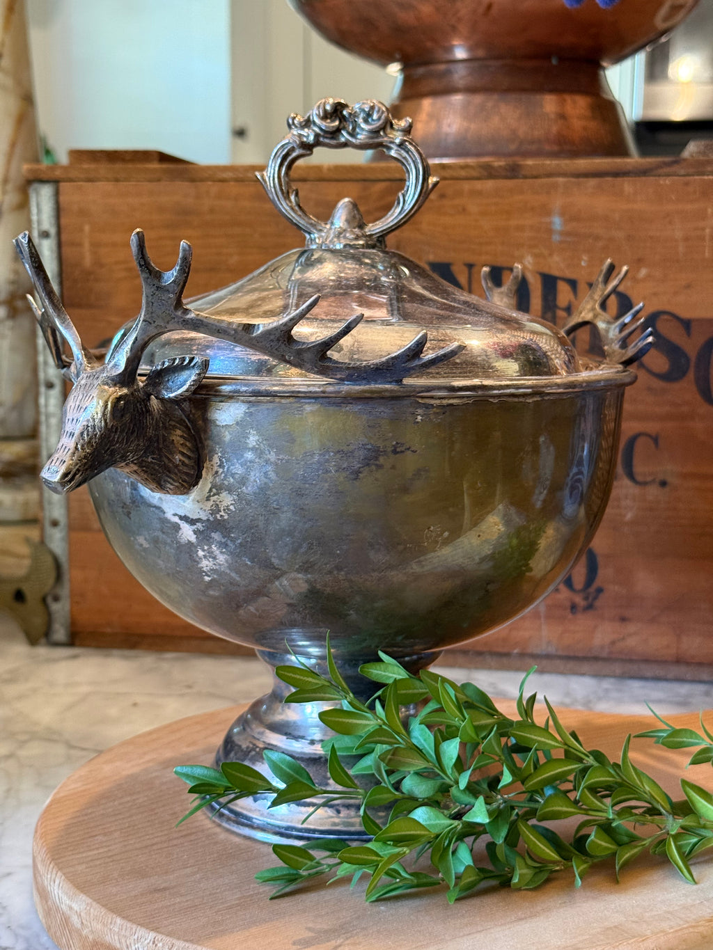 Vintage Silver Plated Stag Head Pedestal Tureen