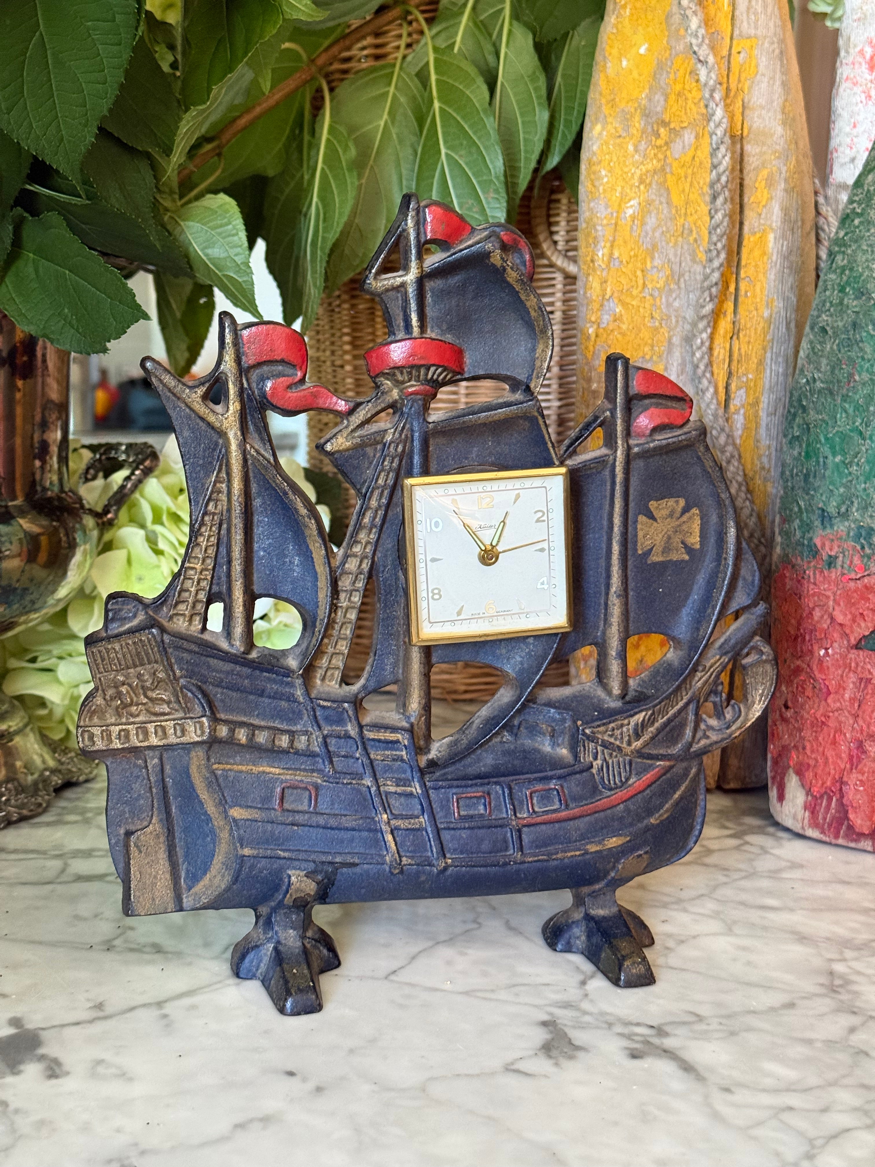 Vintage Cast Iron Sailboat Doorstop Clock with German Kaiser Movement