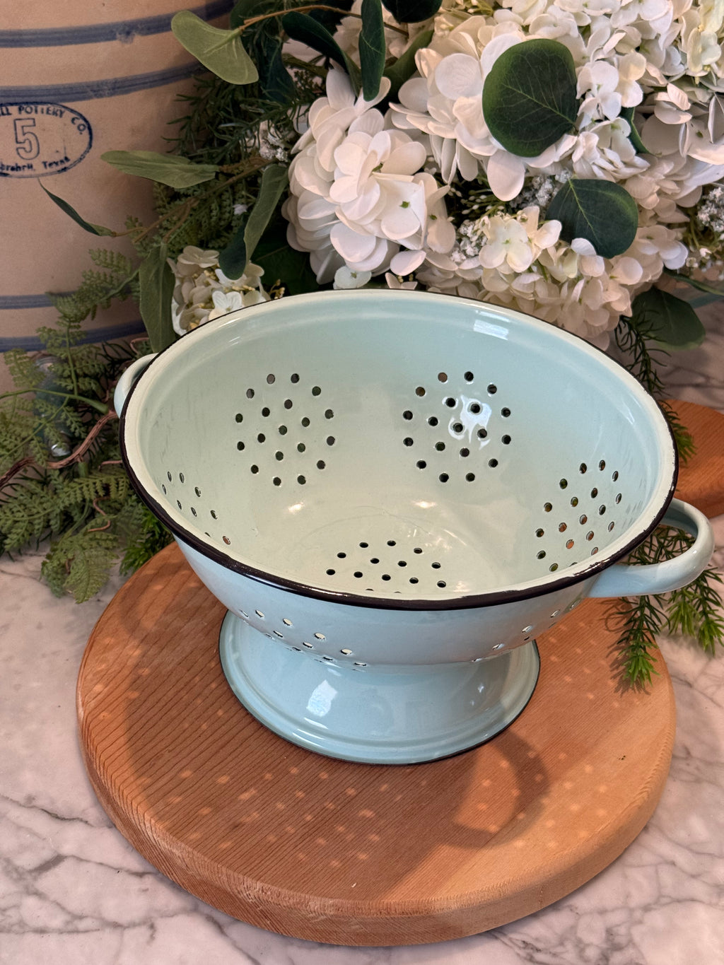 Vintage Pale Blue Teal Enamelware Pedestal Colander Strainer
