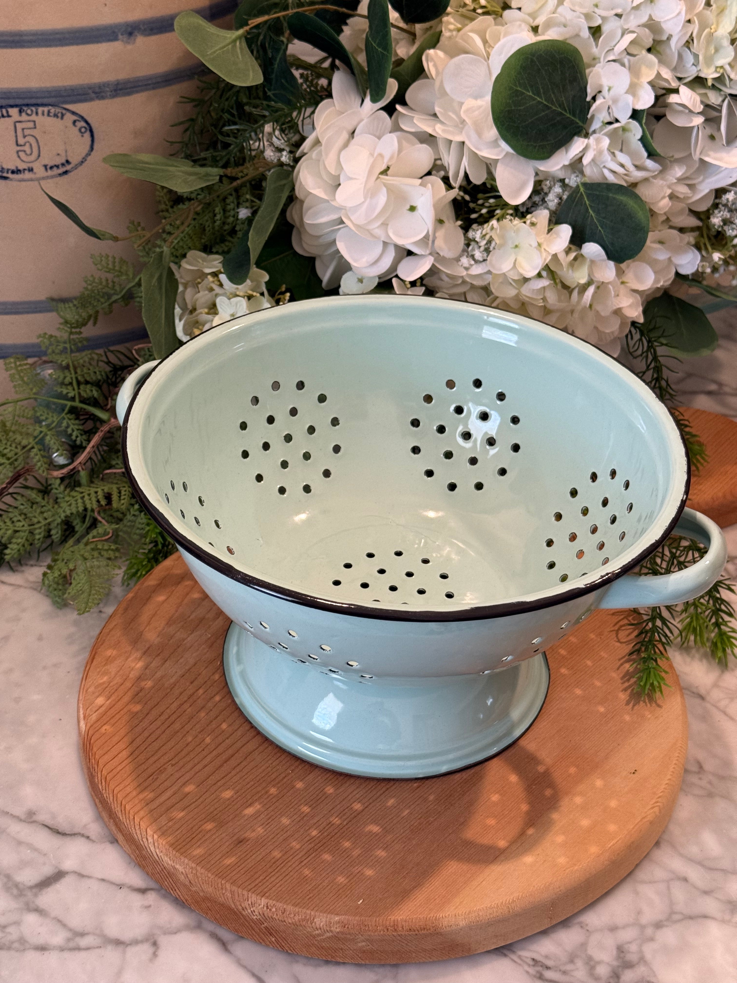 Vintage Pale Blue Teal Enamelware Pedestal Colander Strainer