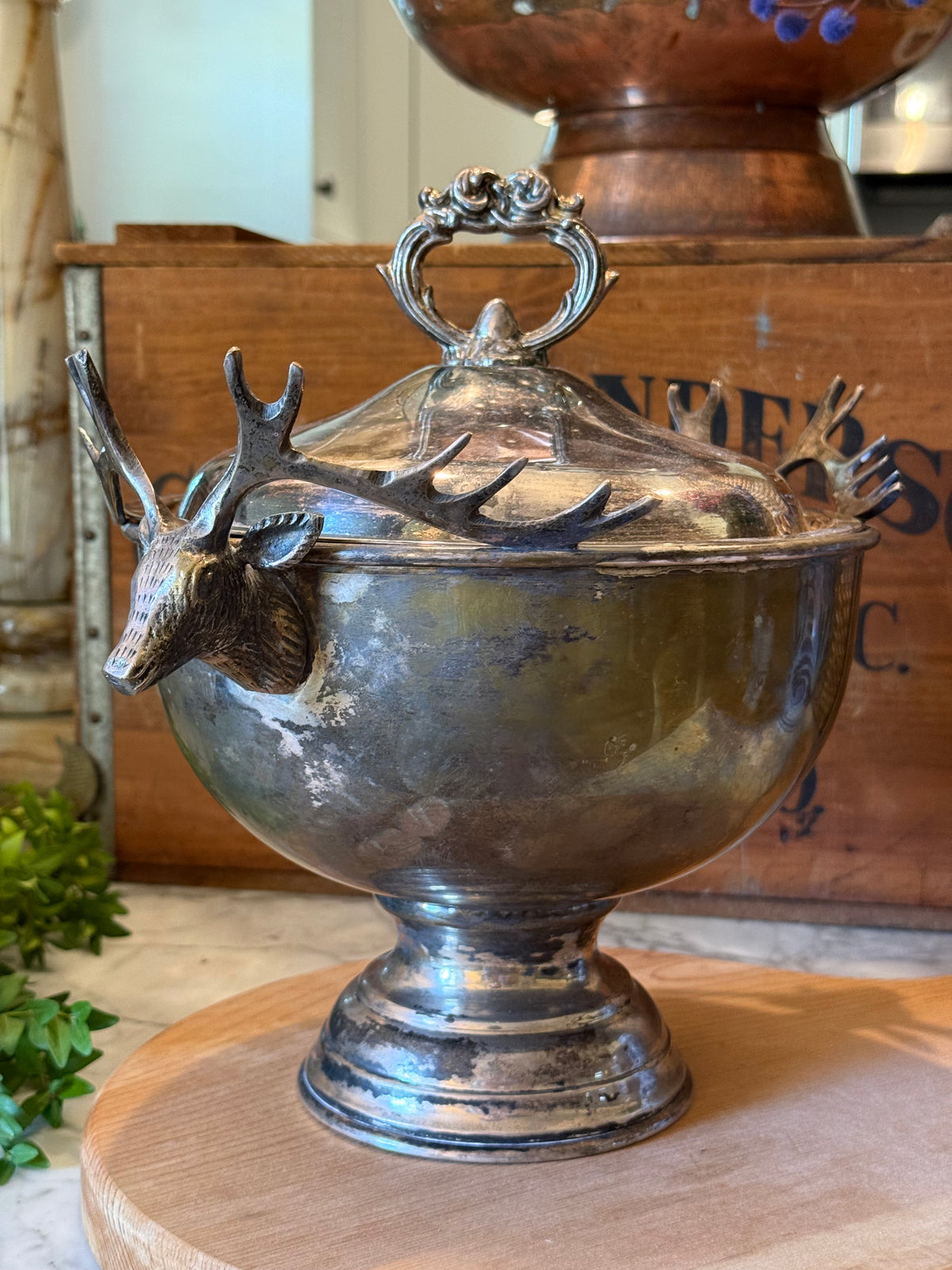 Vintage Silver Plated Stag Head Pedestal Tureen