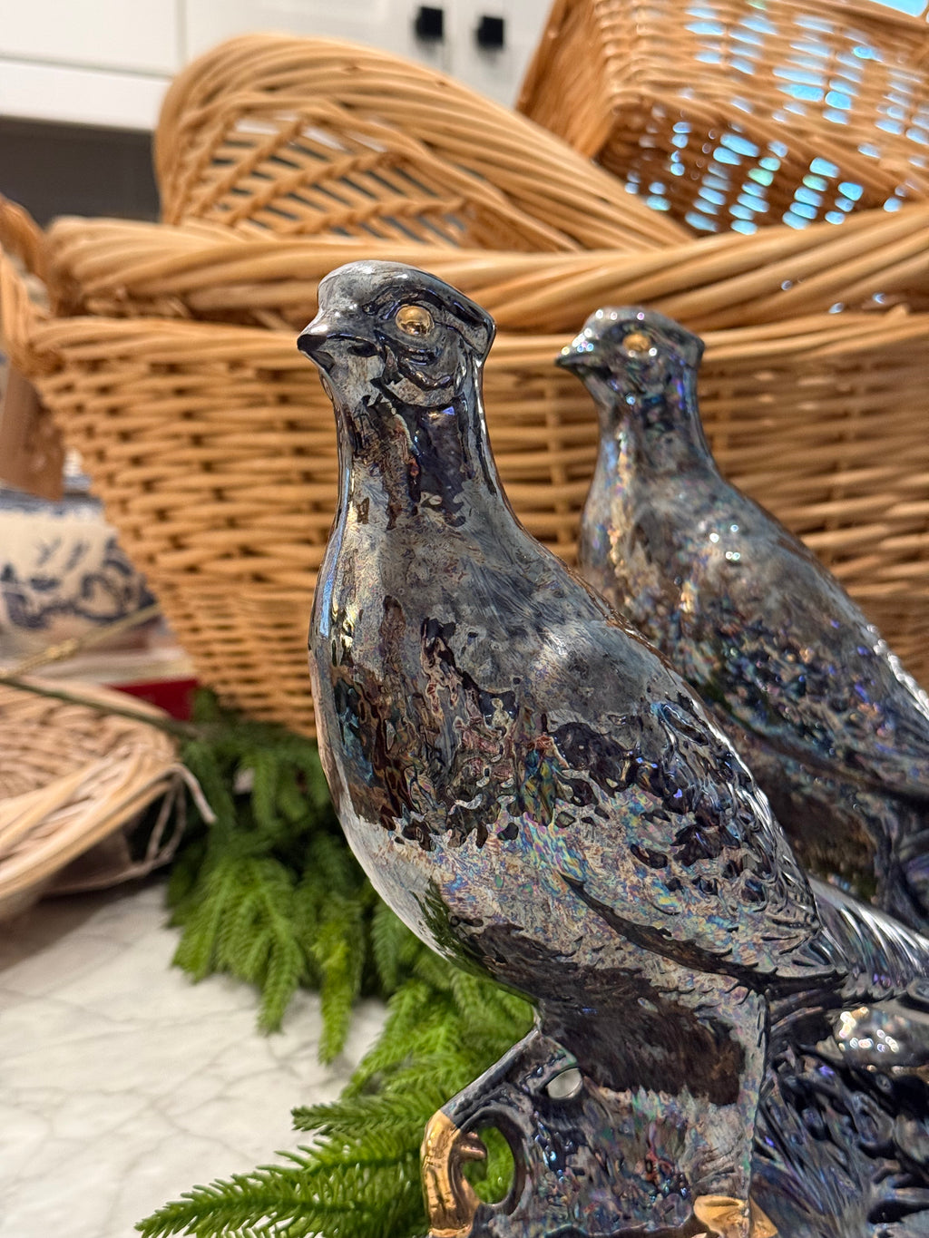 Sculpted Mercury Gray Pheasant Pair