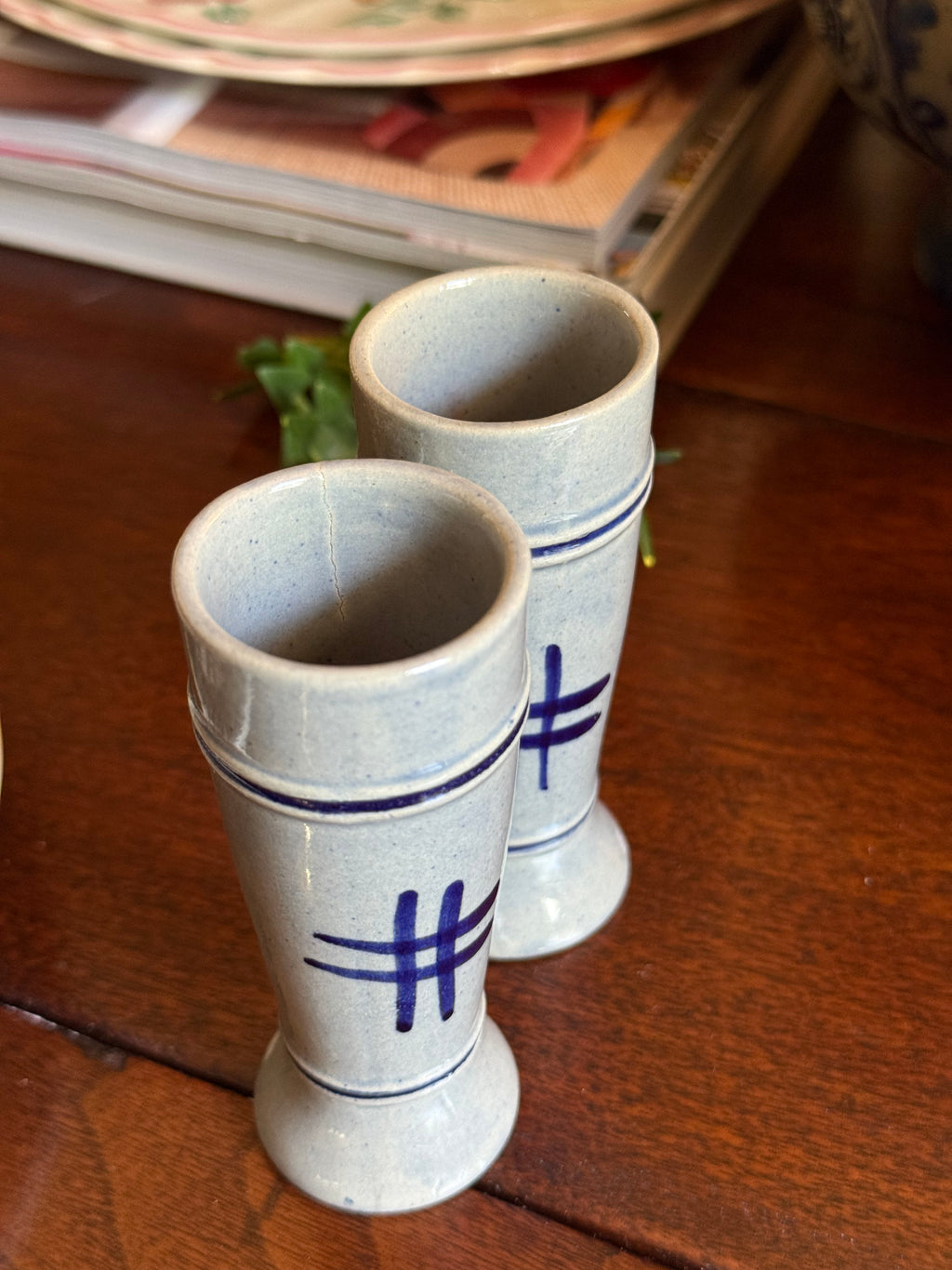 Vintage Blue Salt-Glazed Crock Shot Glasses, Set of 2