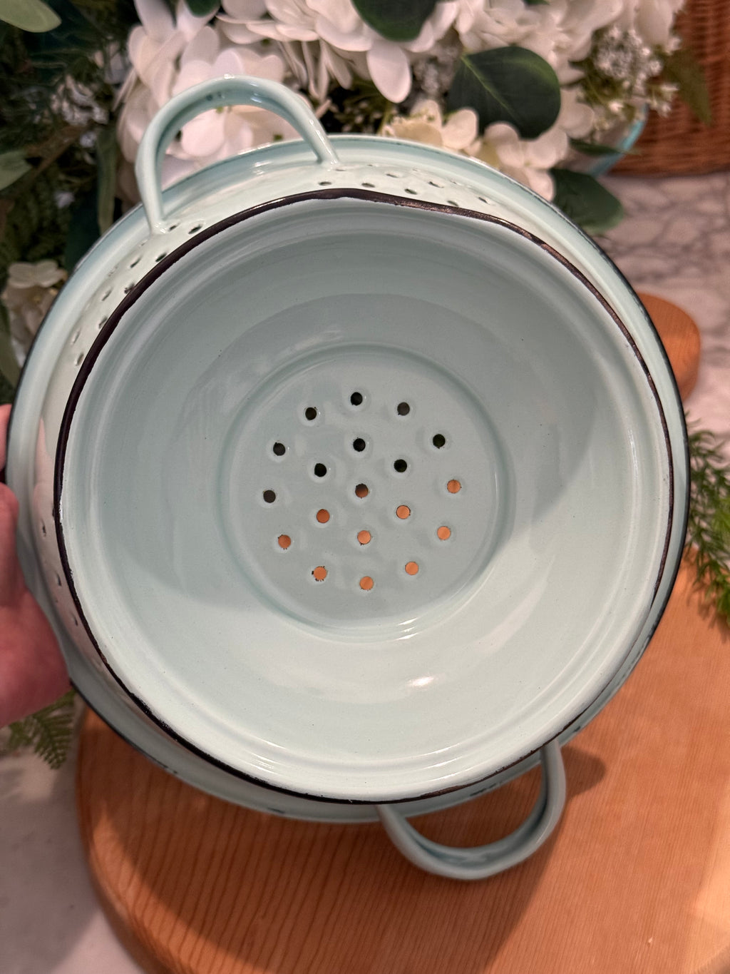 Vintage Pale Blue Teal Enamelware Pedestal Colander Strainer