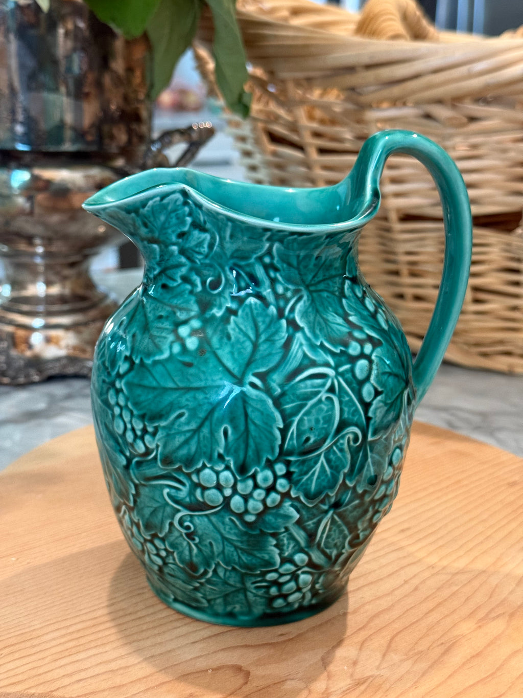 Vintage Wedgwood Majolica Green Leaf & Grapes Pitcher Jug