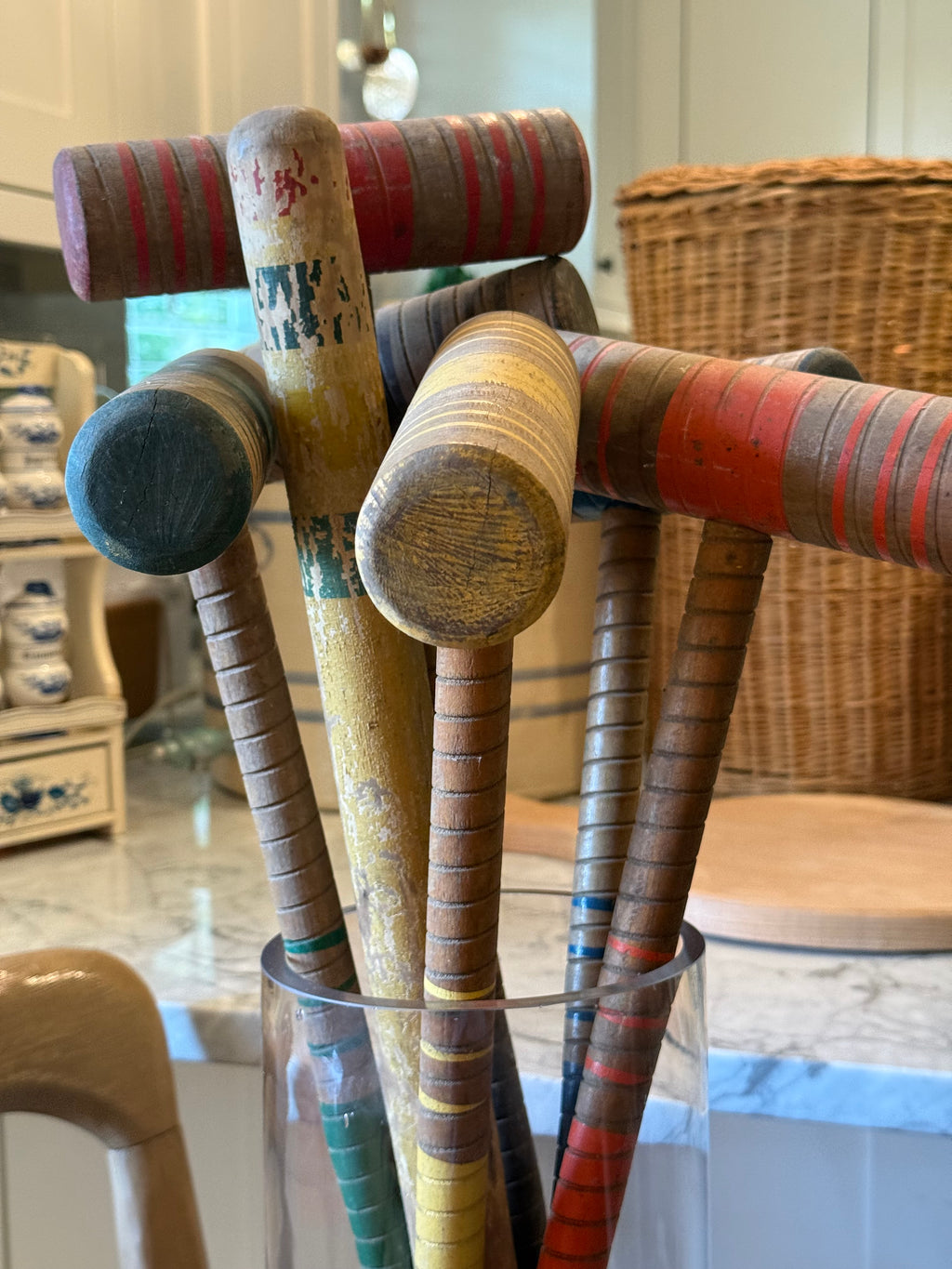 Vintage Wooden Croquet Set with Rolling Wire Cart