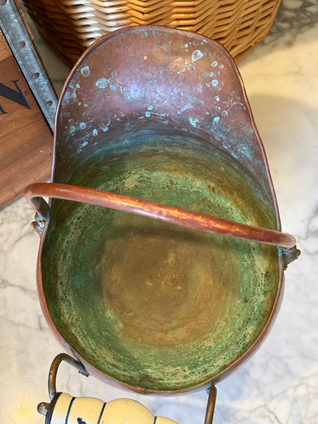 Small Vintage Copper Coal Scuttle Bucket with Delft-Style Handles