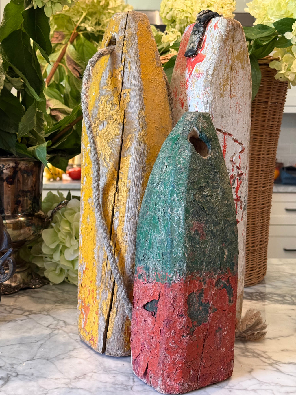 Vintage Set of 3 Wood Lobster Trap Buoy Floats - East Coast USA Nautical Decor
