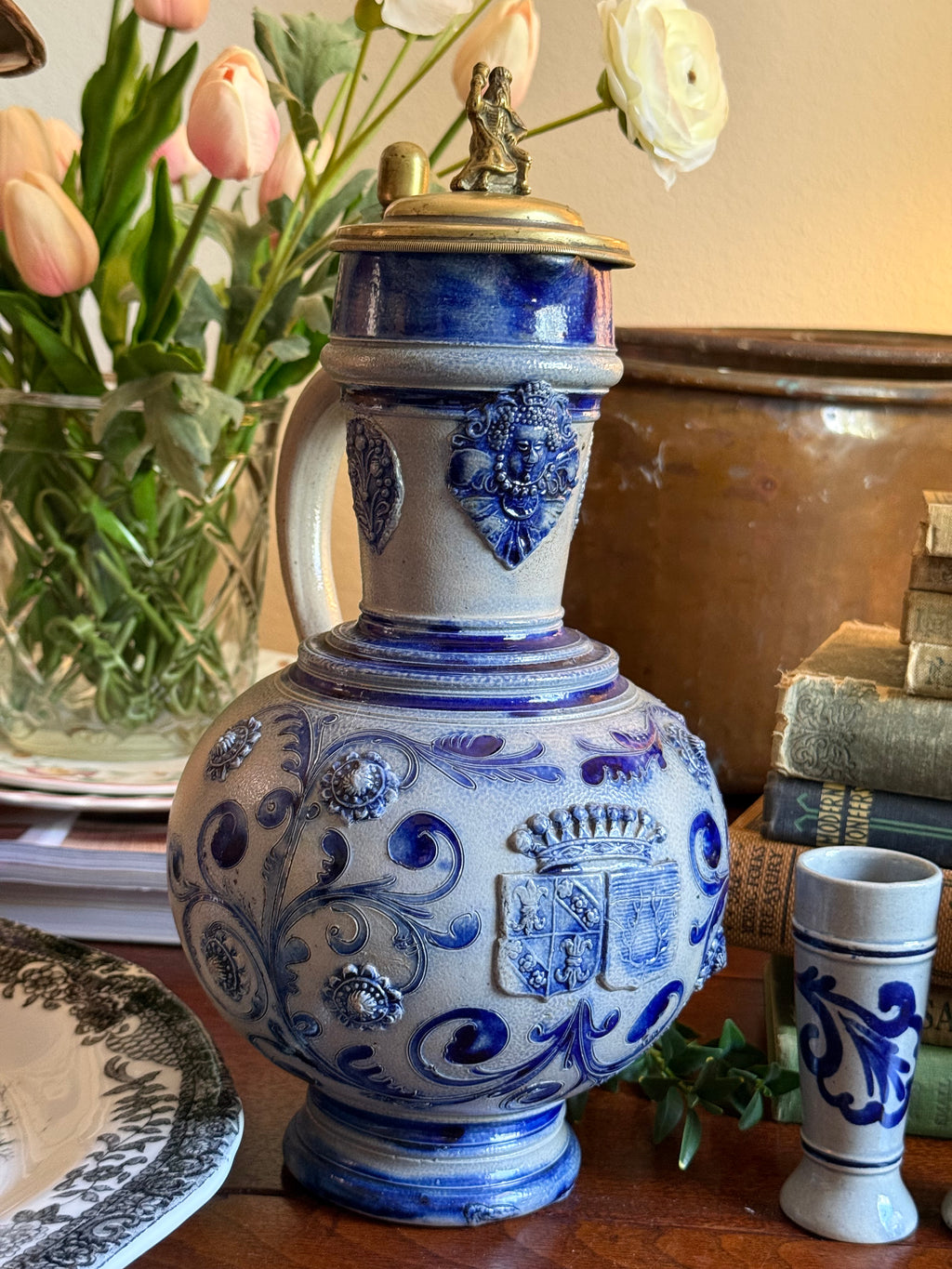 Antique German Westerwald Stein with Ornate Brass Finial