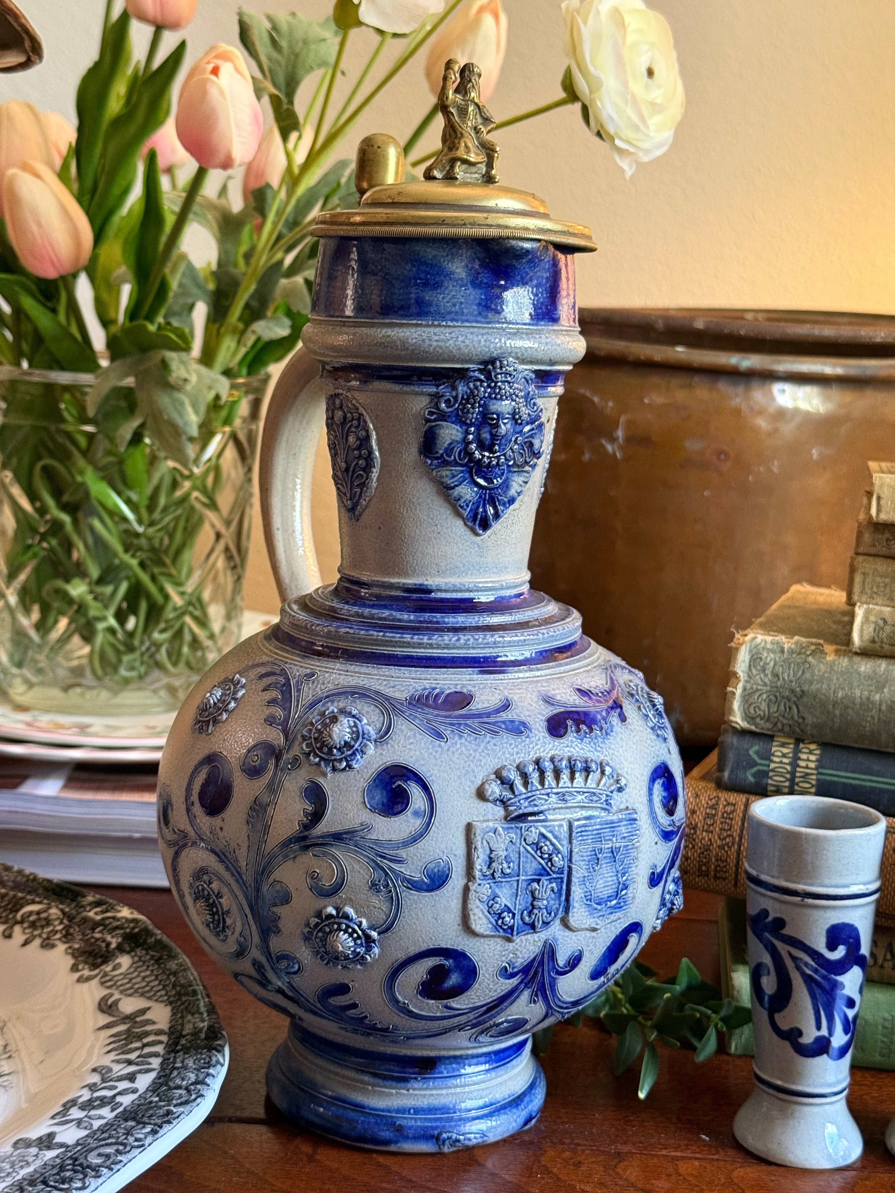 Antique German Westerwald Stein with Ornate Brass Finial