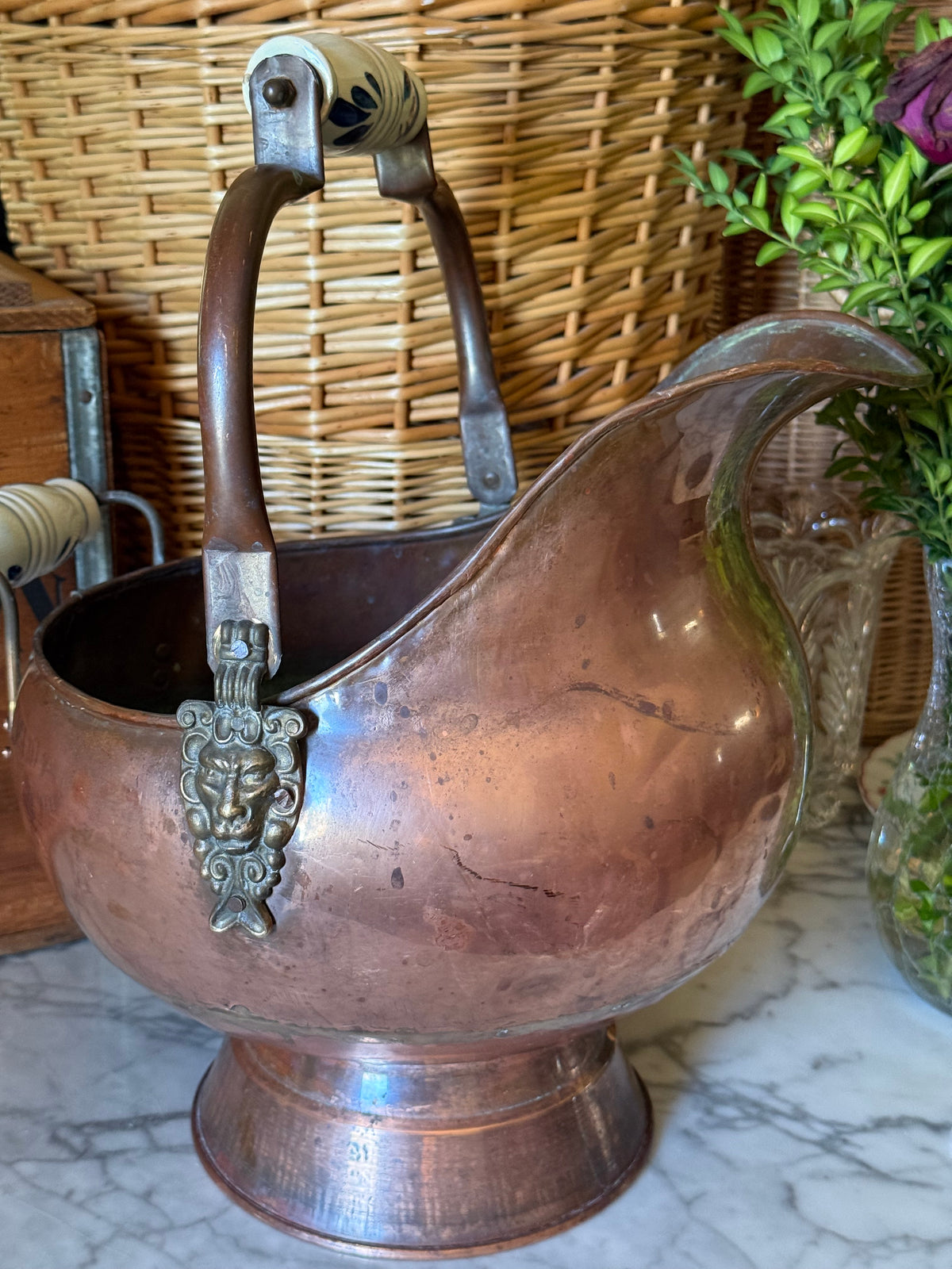 Large Vintage Copper Scuttle Bucket with Delft-Style Handles