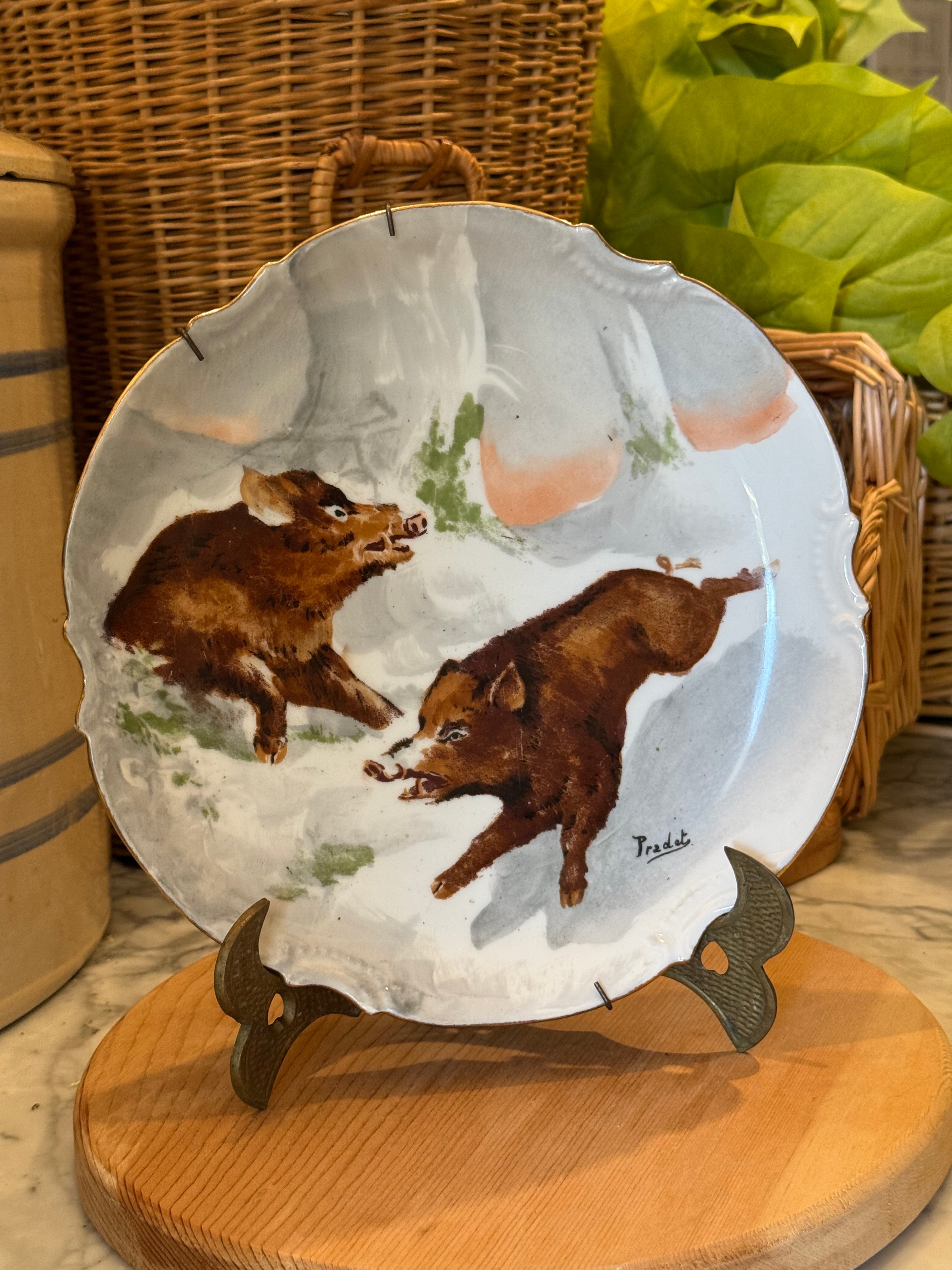 Antique Hand-Painted Wild Boar Limoges Plate