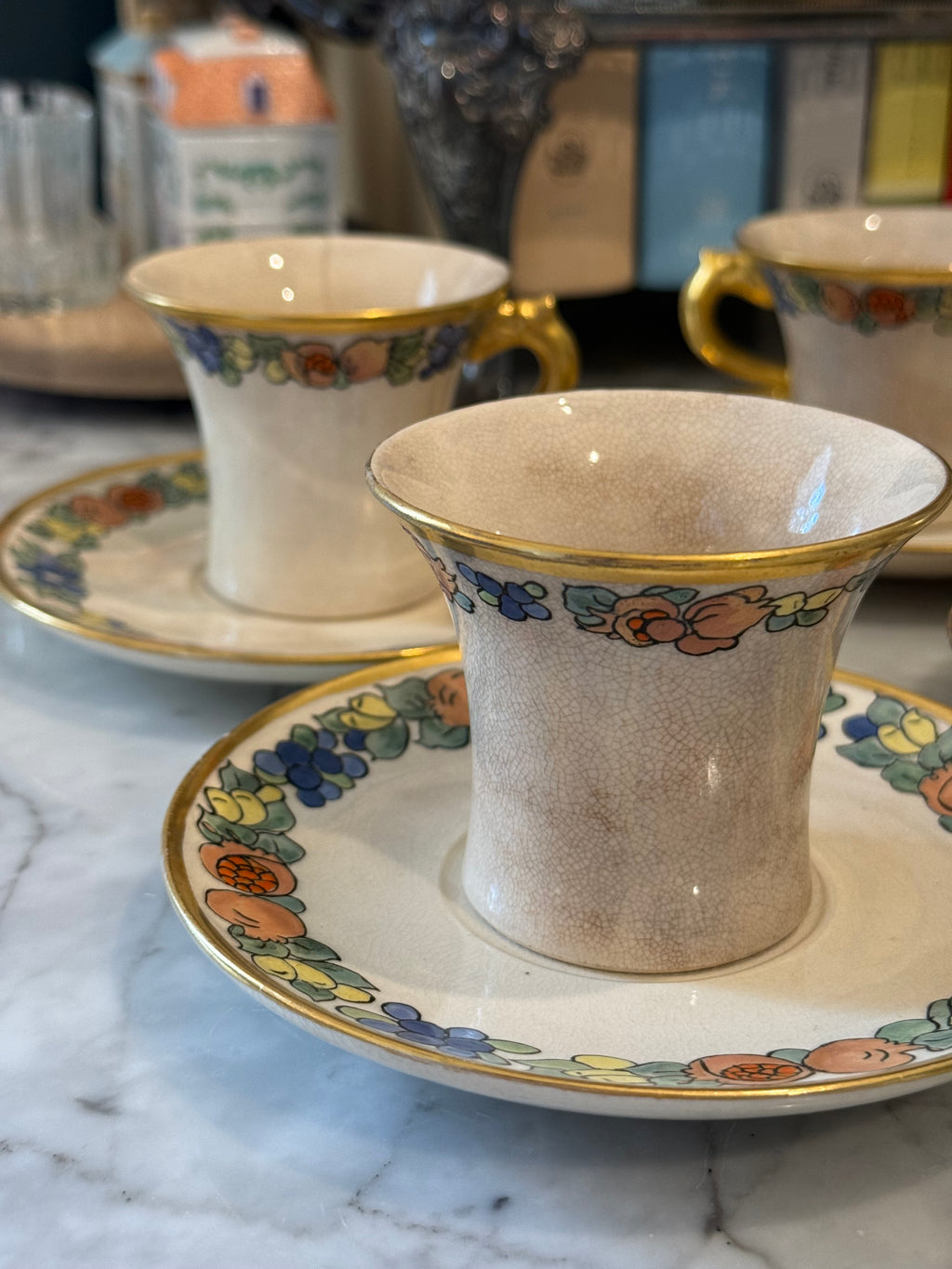 Antique Chinoiserie Ironstone Teacups & Saucers, Set of 4