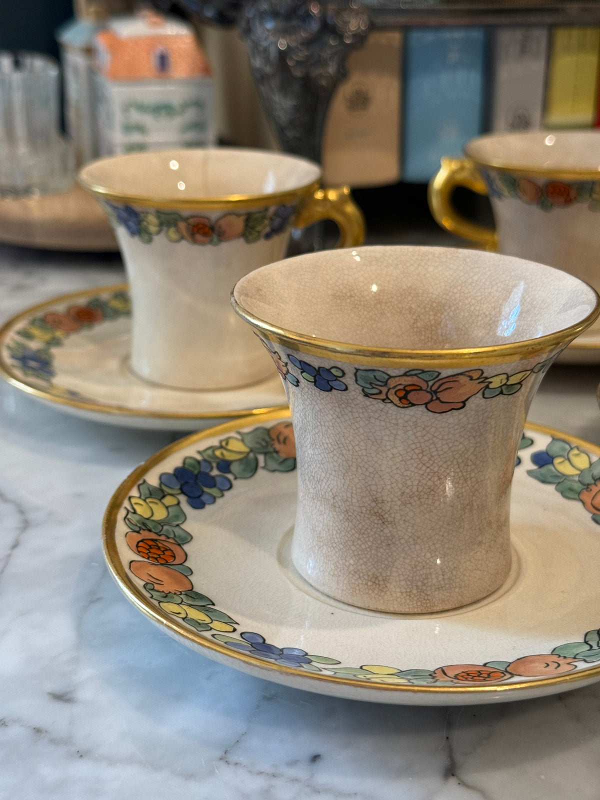 Antique Chinoiserie Ironstone Teacups & Saucers, Set of 4