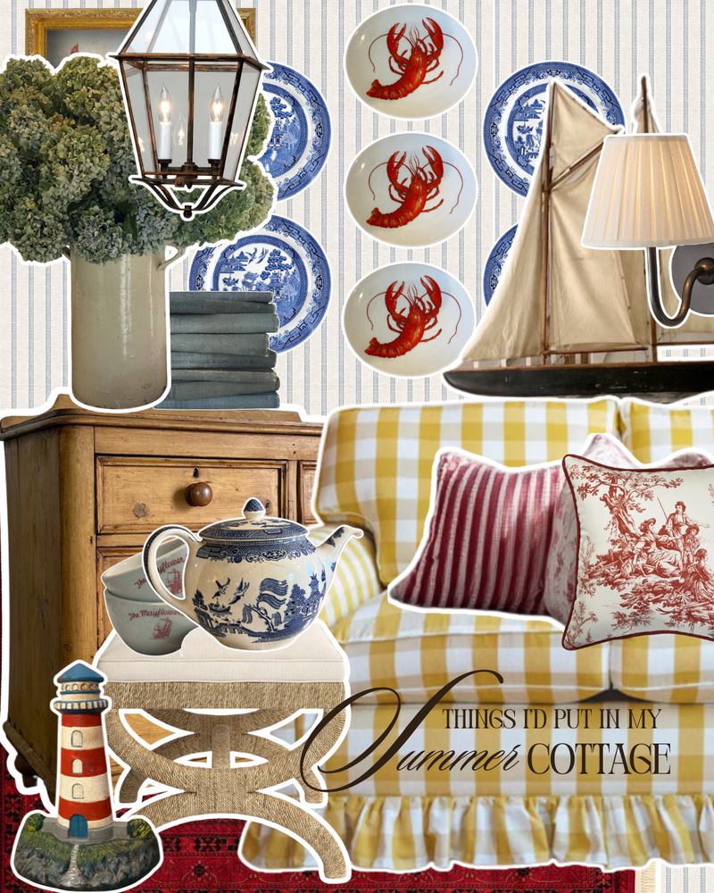 A summer cottage themed interior design collage of THINGS TO PUT IN MY SUMMER COTTAGE featuring a yellow and white gingham sofa with red and white patterned pillows, a blue and white porcelain teapot on a side table, blue and white plates, a wooden cabinet, a sailboat lamp, and a striped wallpaper background.