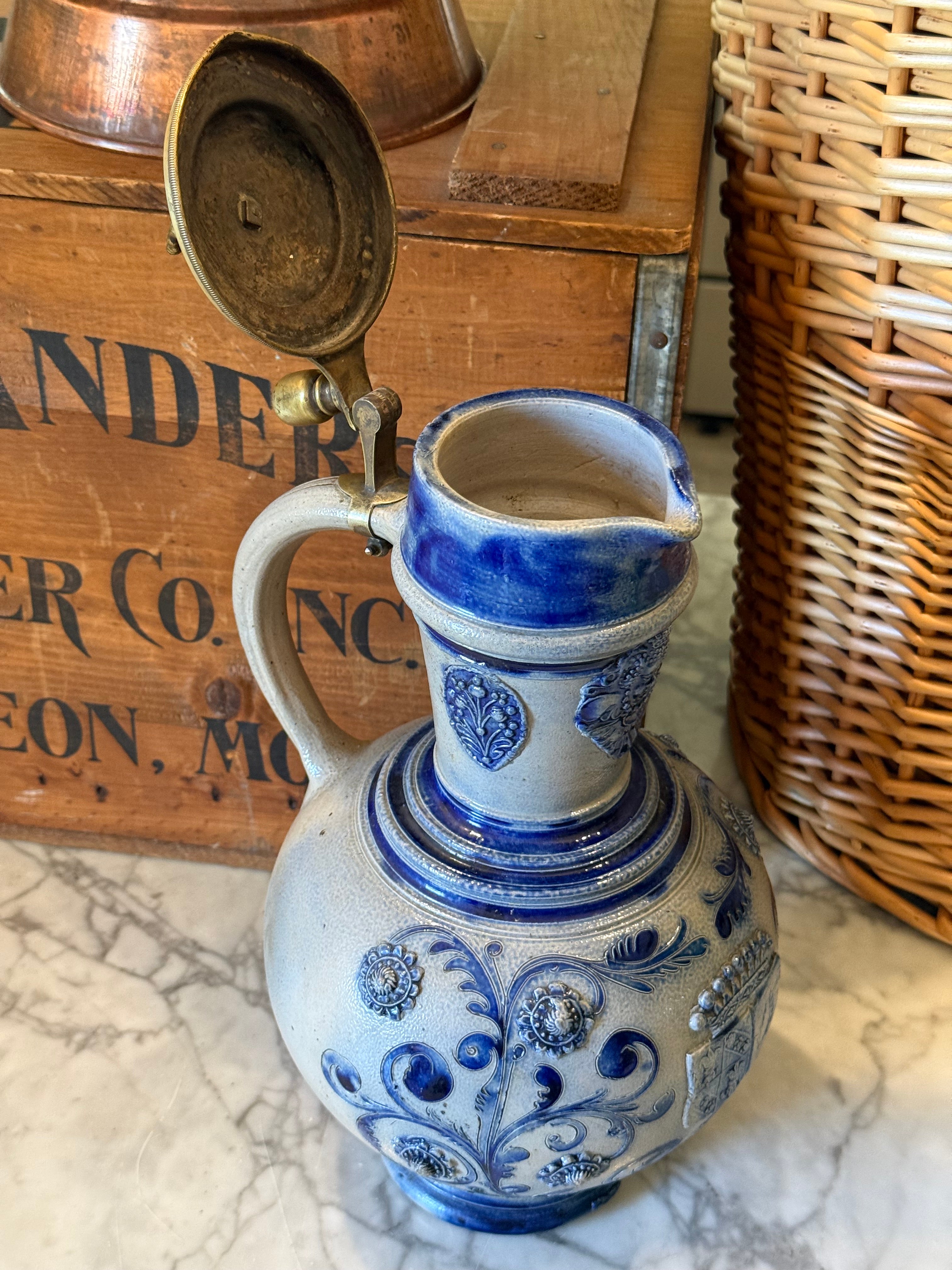 Antique German Westerwald Stein with Ornate Brass Finial