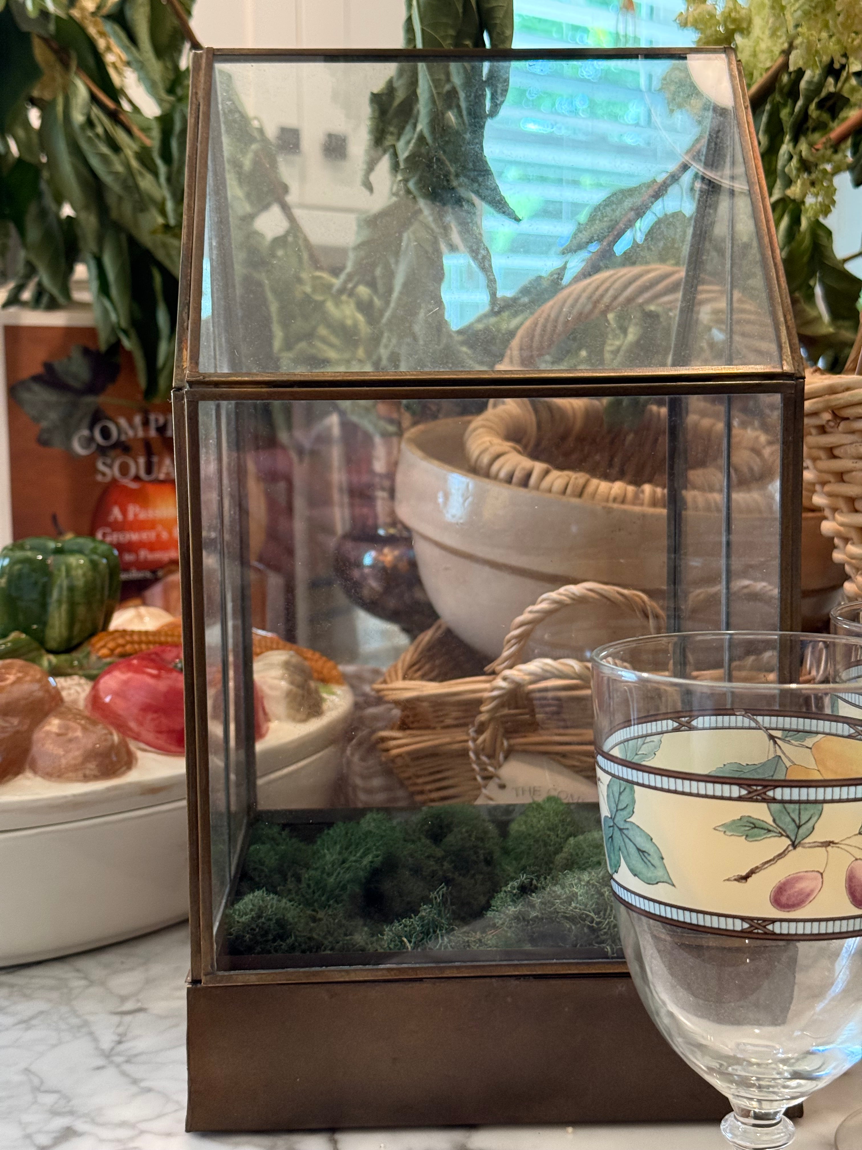 Brass Table Terrarium with Leaded Glass Gable Roof Planter