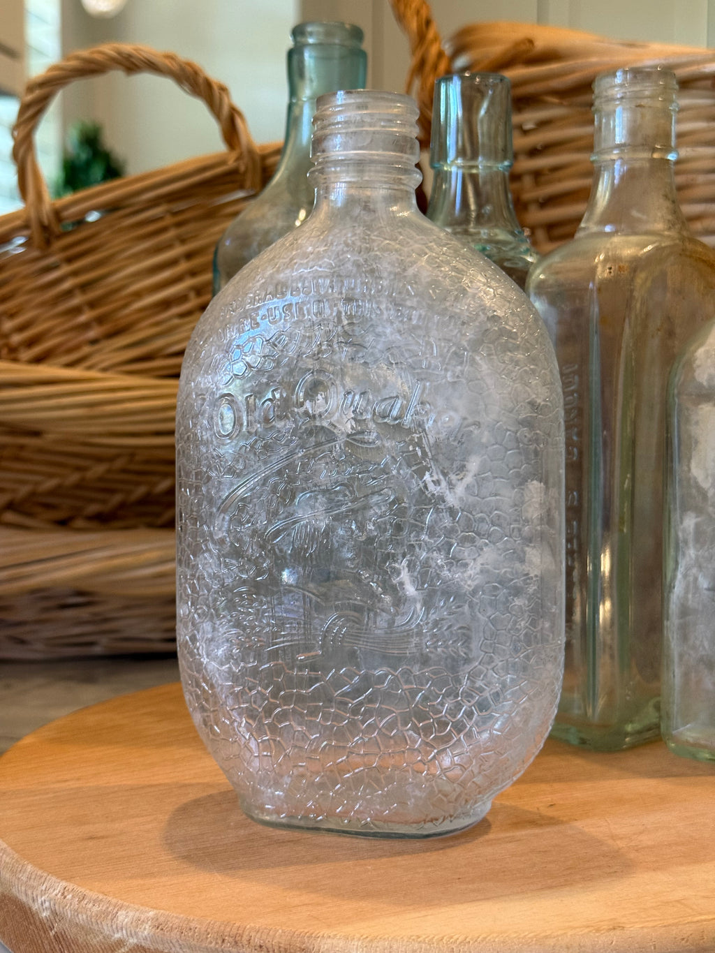 Vintage Quaker Motif Glass Flask