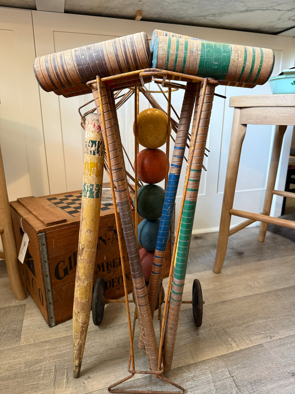 Vintage Wooden Croquet Set with Rolling Wire Cart