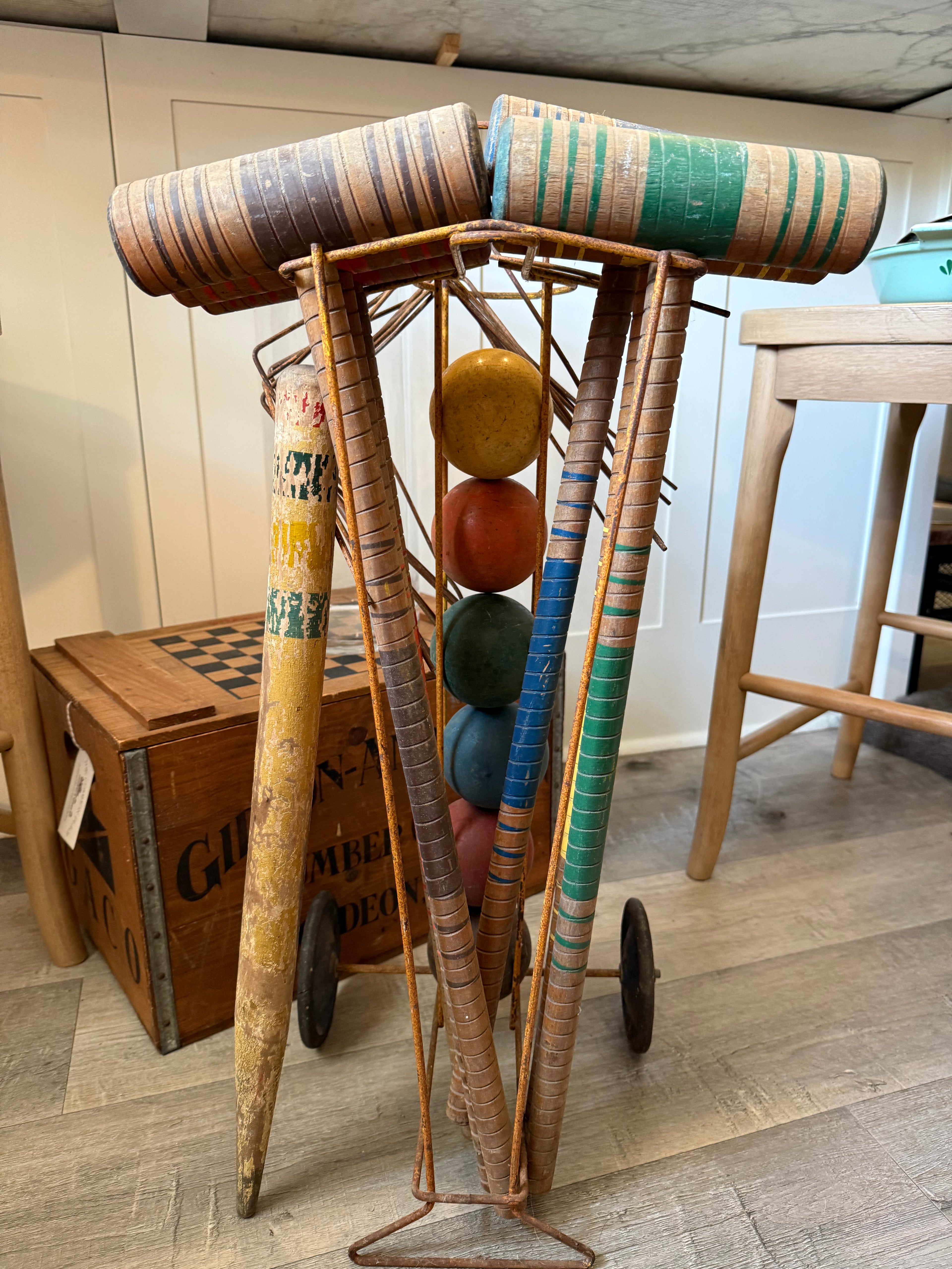 Vintage Wooden Croquet Set with Rolling Wire Cart