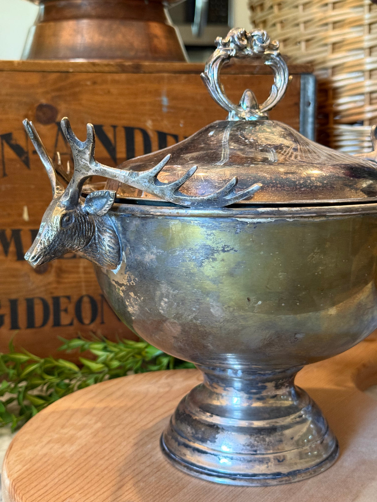 Vintage Silver Plated Stag Head Pedestal Tureen
