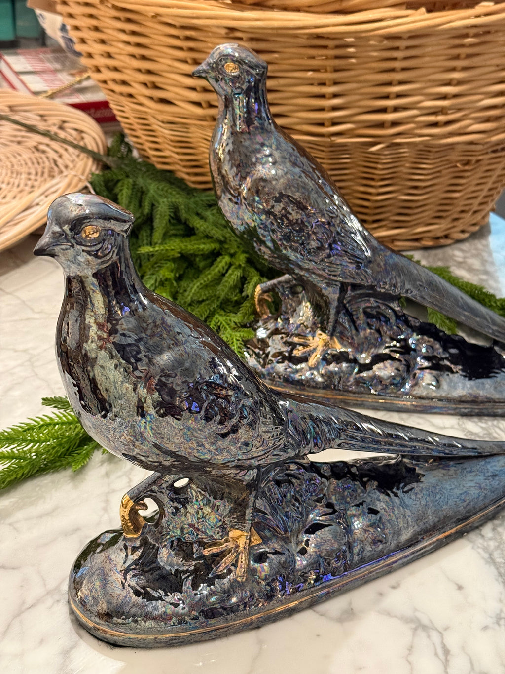 Sculpted Mercury Gray Pheasant Pair