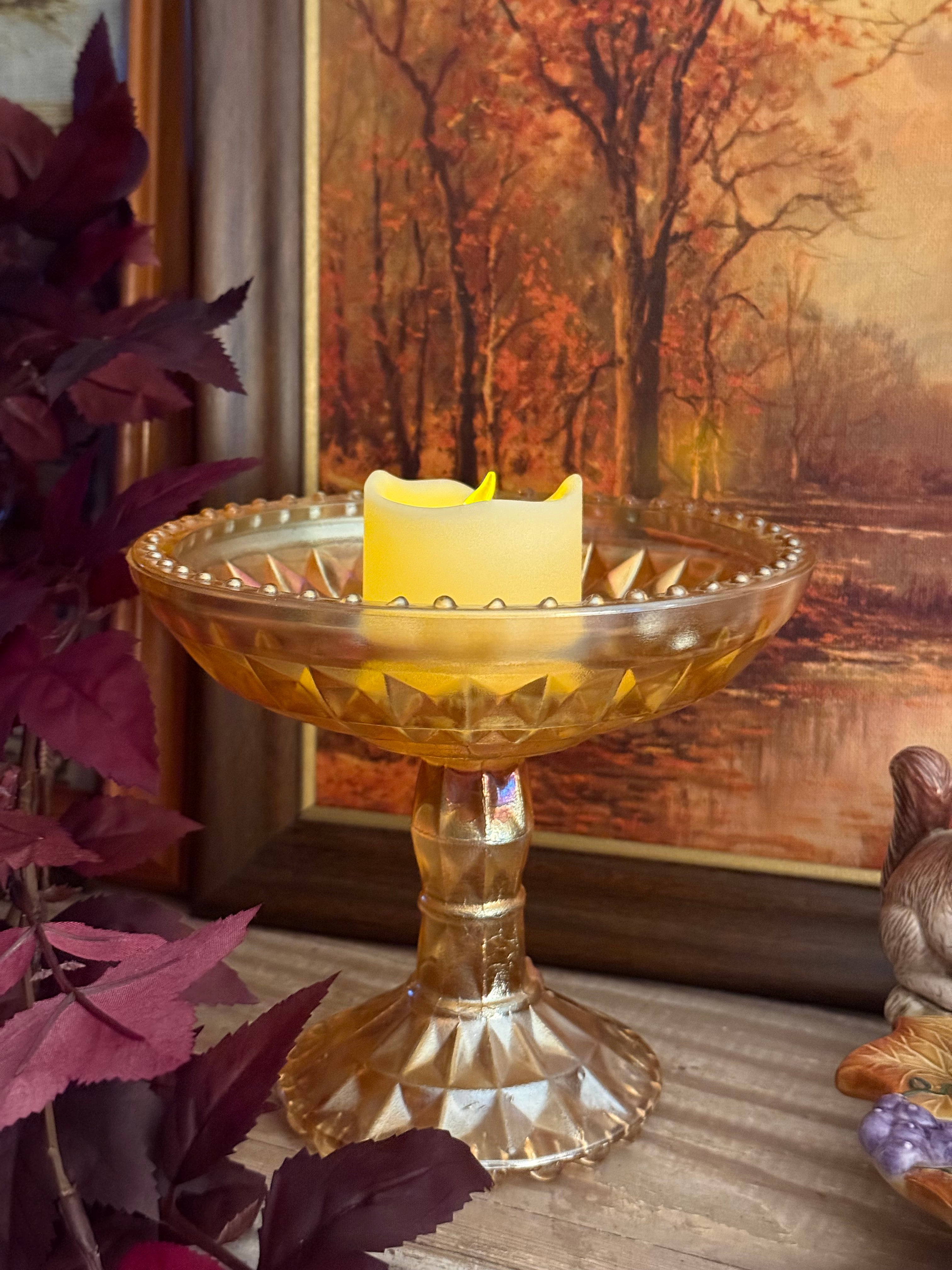 Vintage Jeannette Windsor Marigold Carnival Glass Pedestal Compote Dish