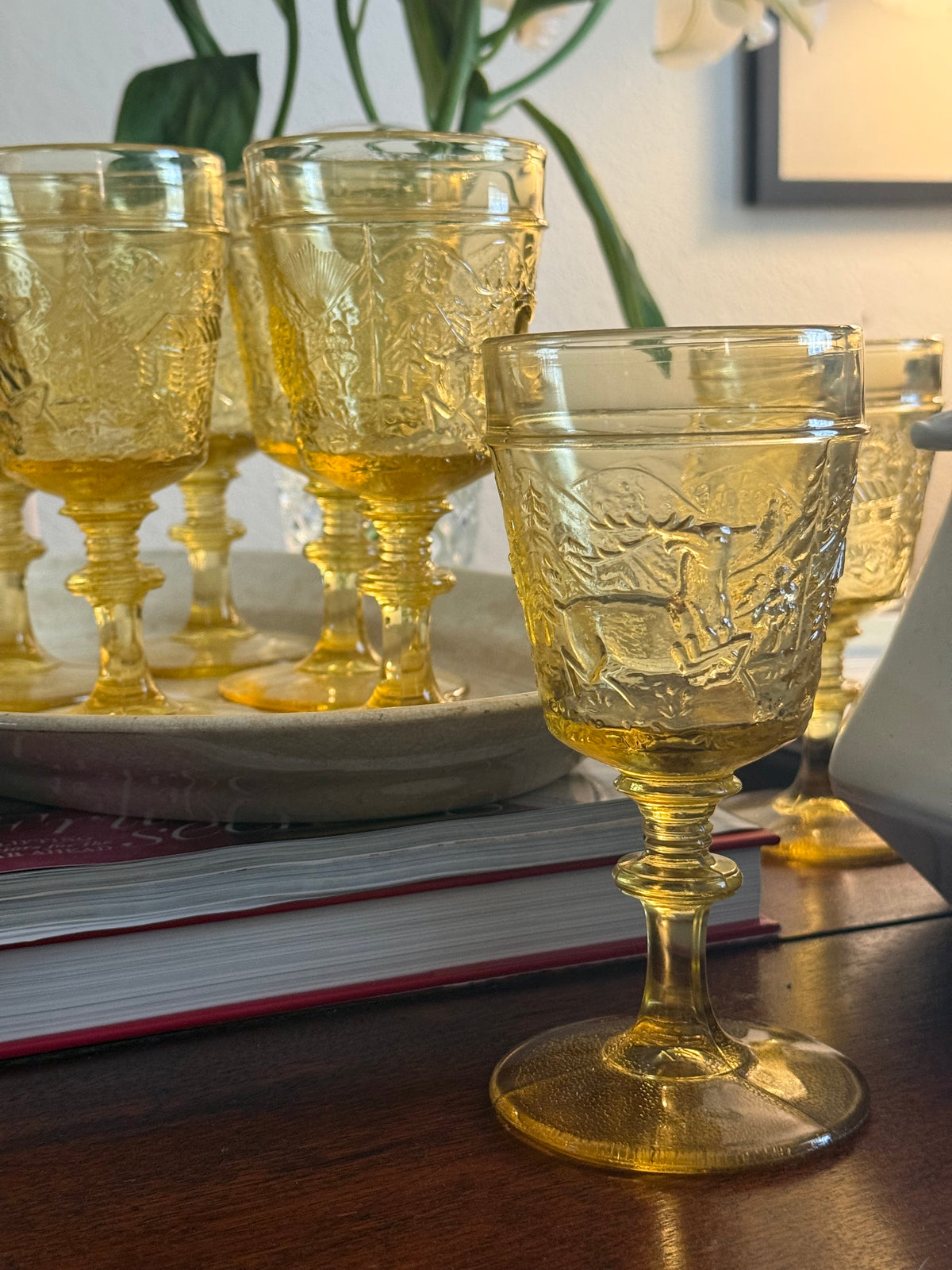 Vintage Amber Westward Ho Goblets, Set of 7