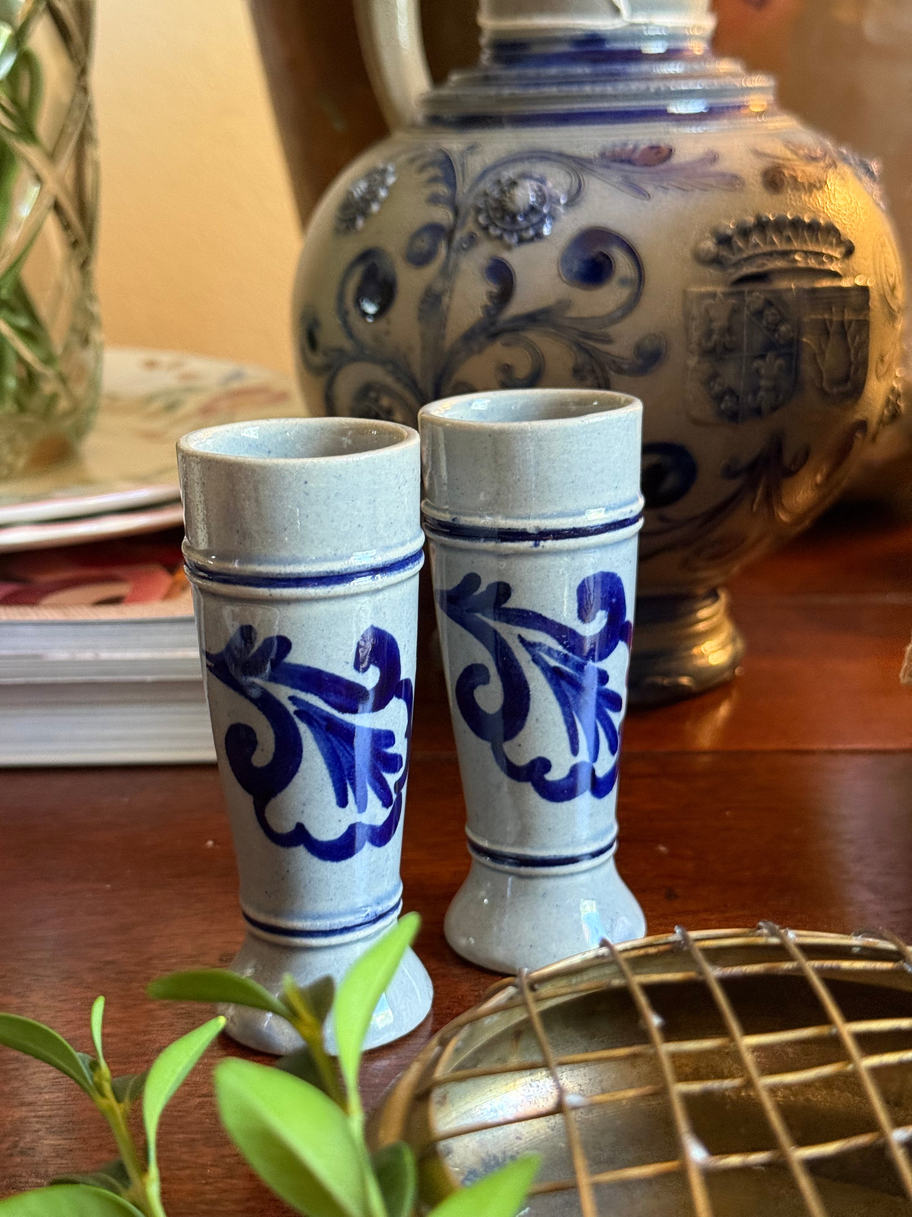 Vintage Blue Salt-Glazed Crock Shot Glasses, Set of 2