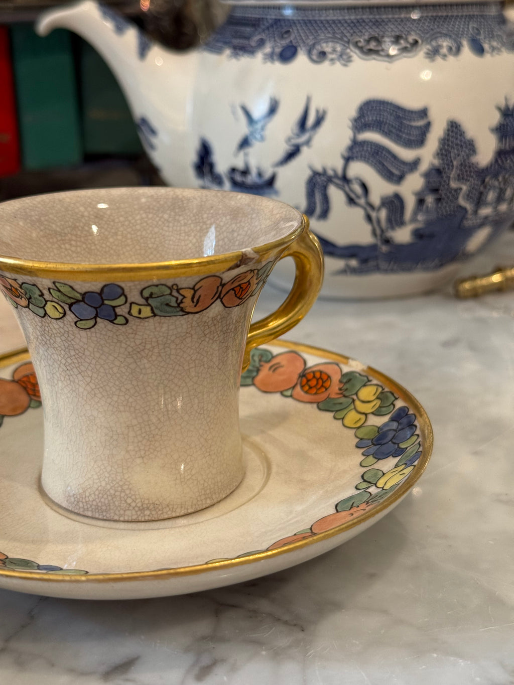 Antique Chinoiserie Ironstone Teacups & Saucers, Set of 4