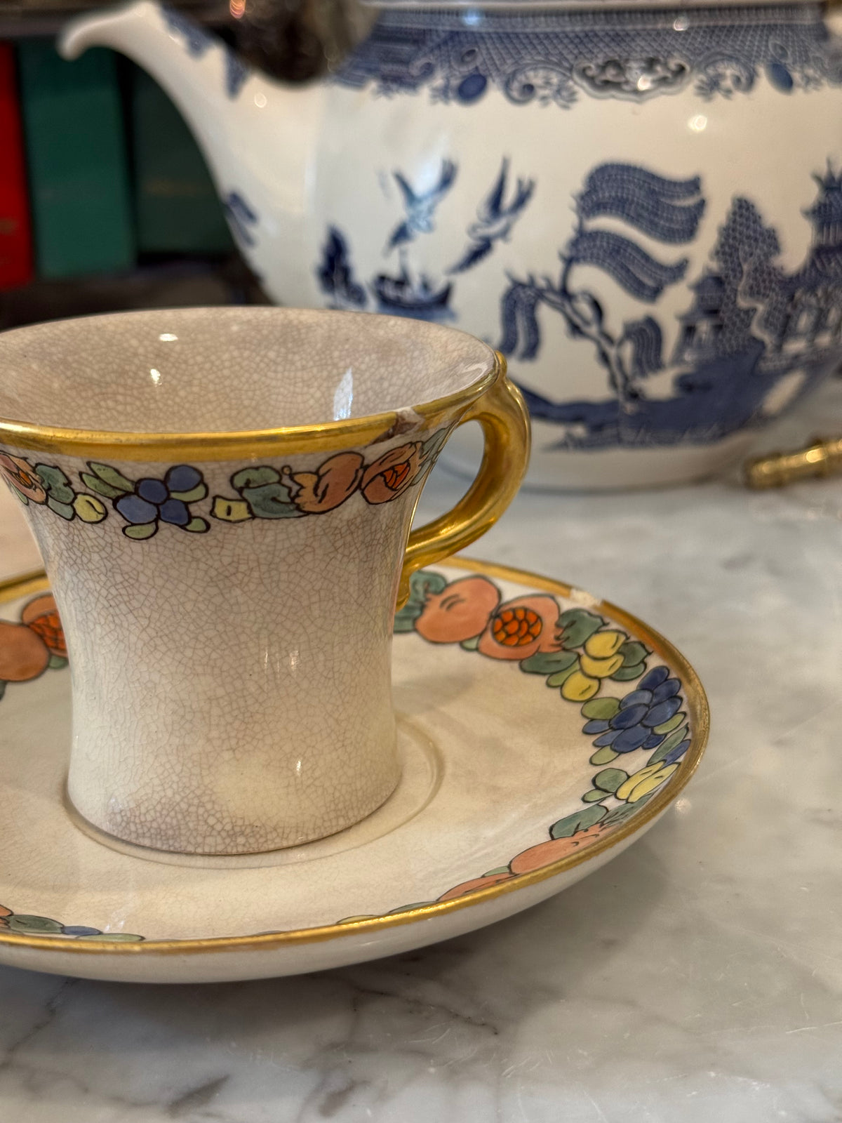 Antique Chinoiserie Ironstone Teacups & Saucers, Set of 4