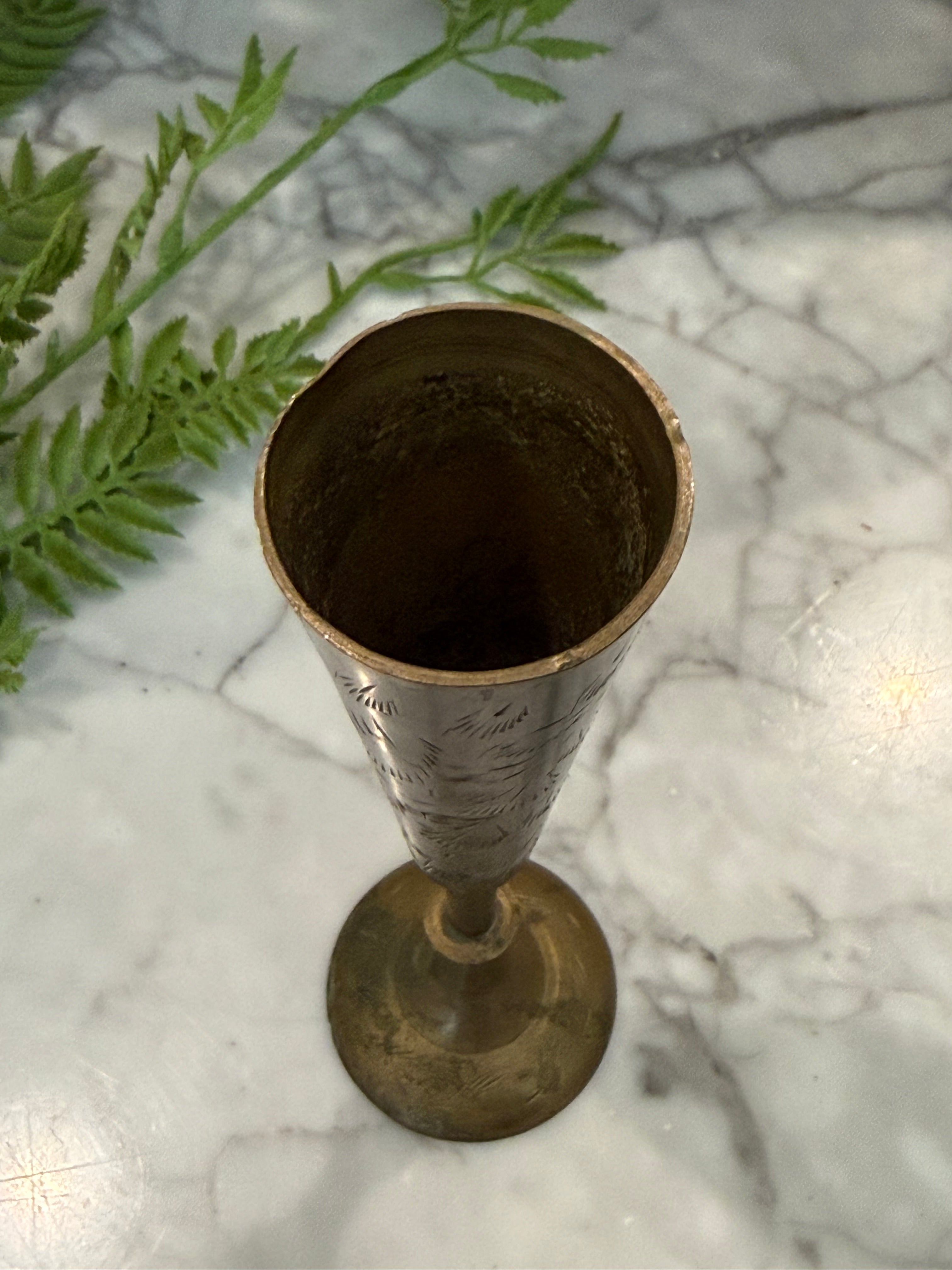 Vintage Brass Etched Thin Bud Vase