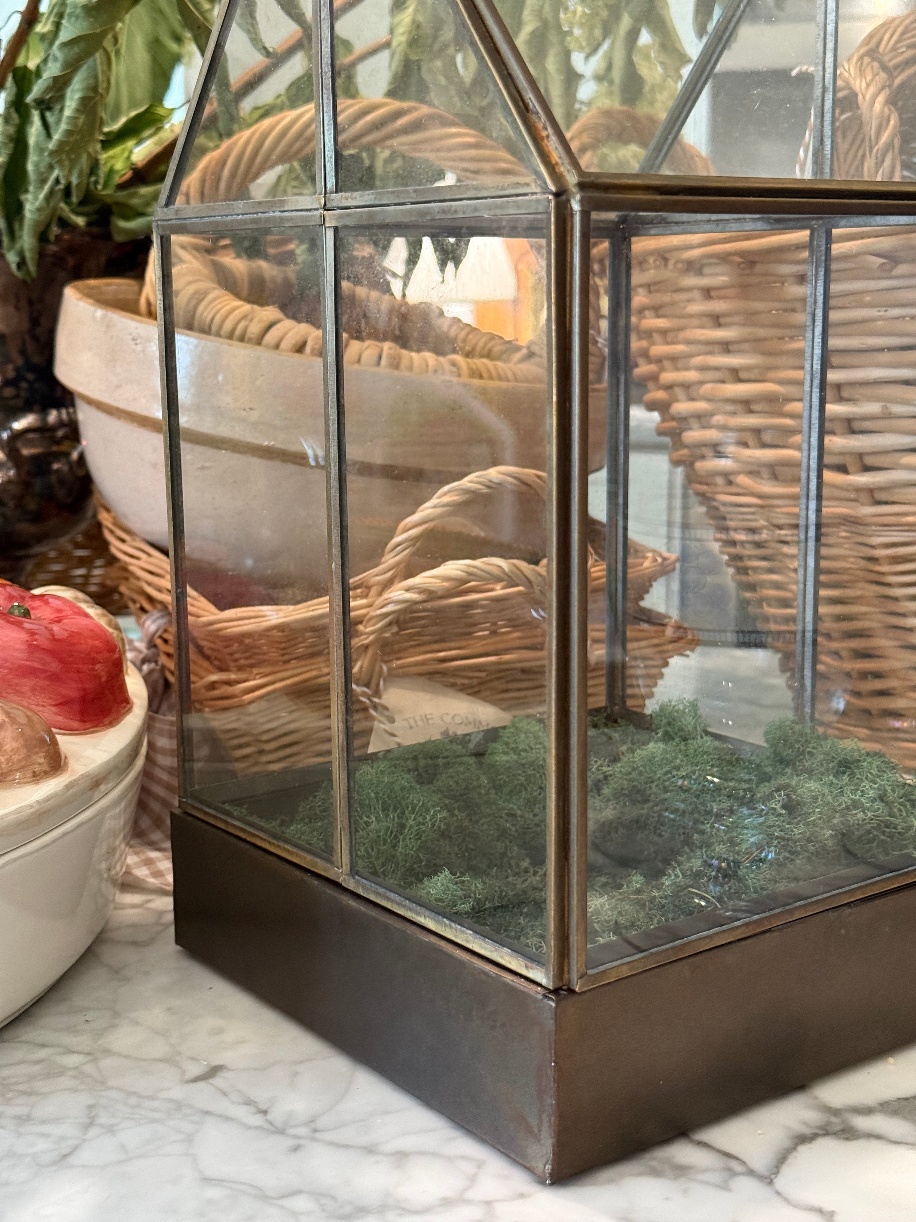 Brass Table Terrarium with Leaded Glass Gable Roof Planter