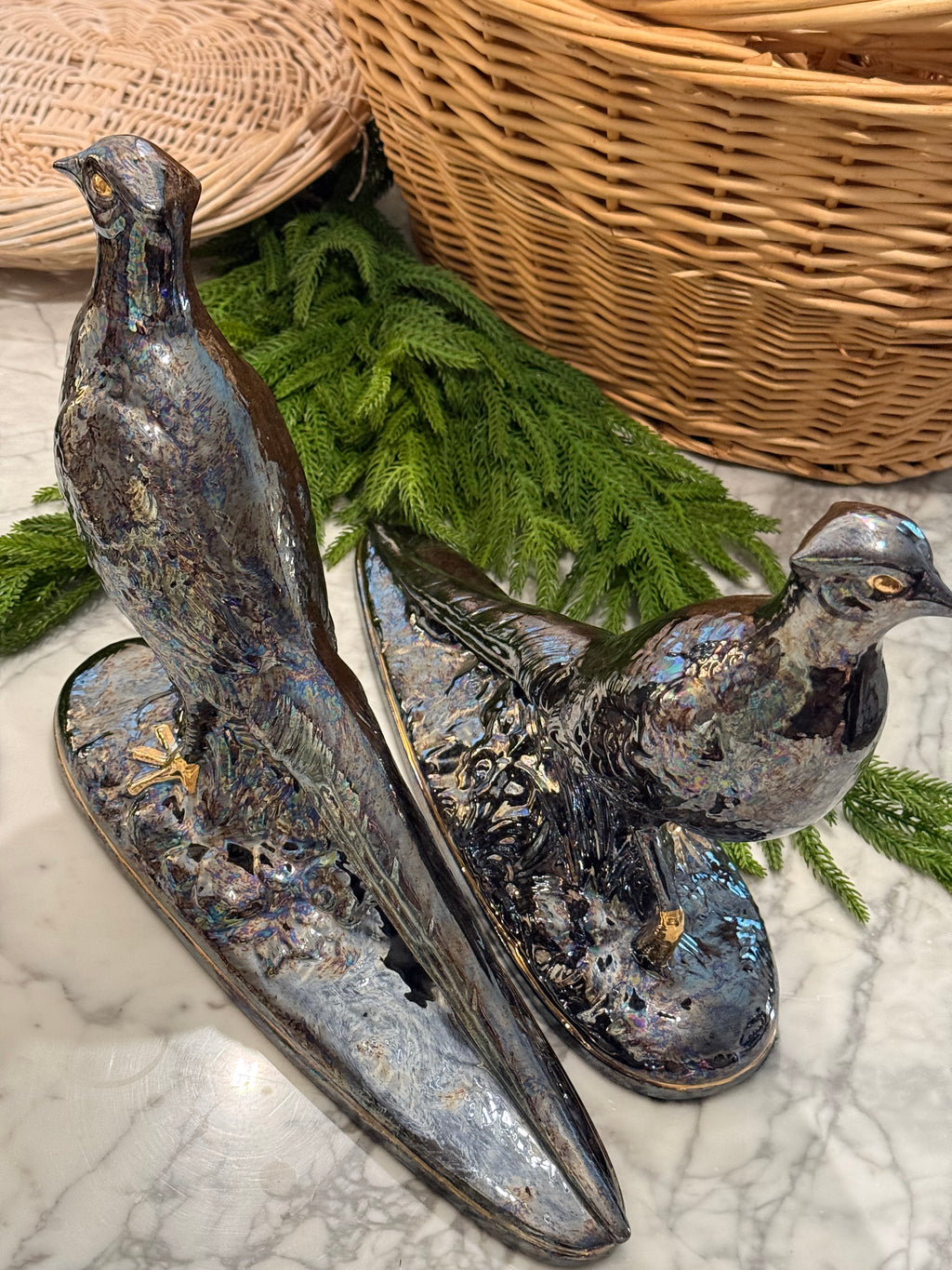 Sculpted Mercury Gray Pheasant Pair