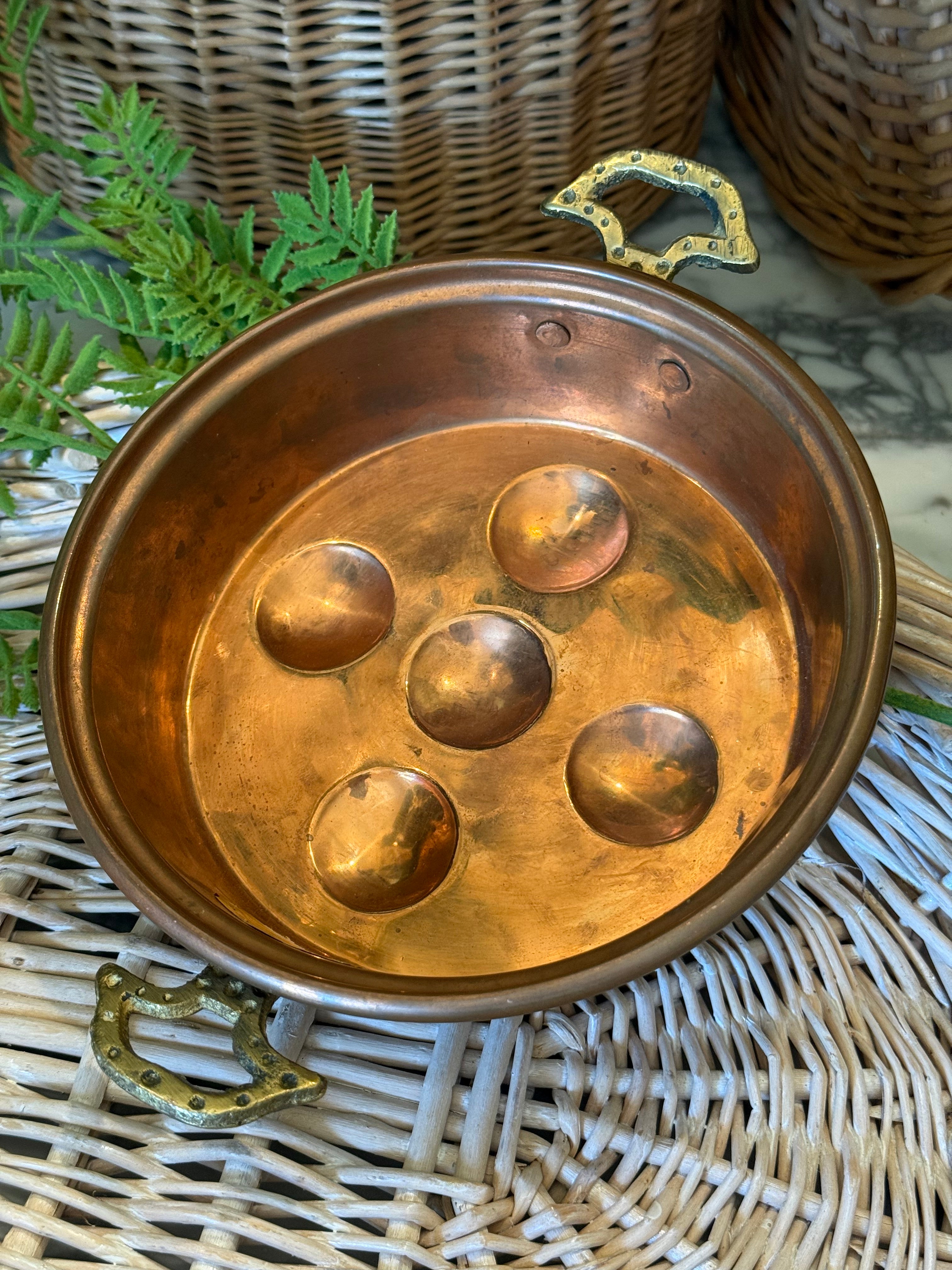 Vintage Made in Turkey Hammered Copper Egg Poacher - Brass Handles - 5-Hole