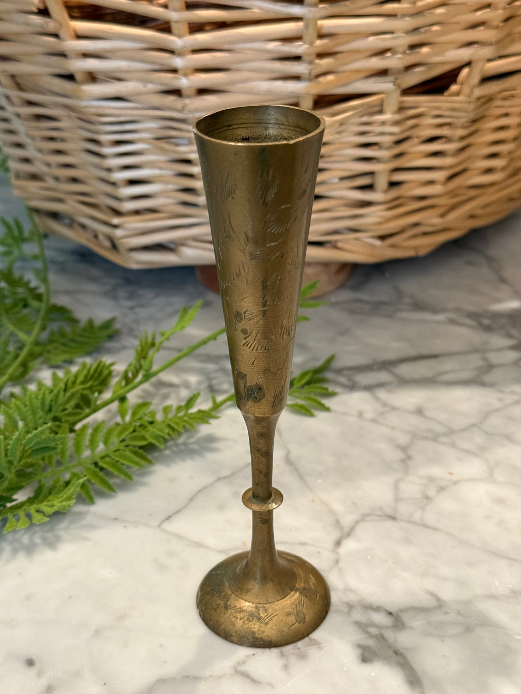 Vintage Brass Etched Thin Bud Vase