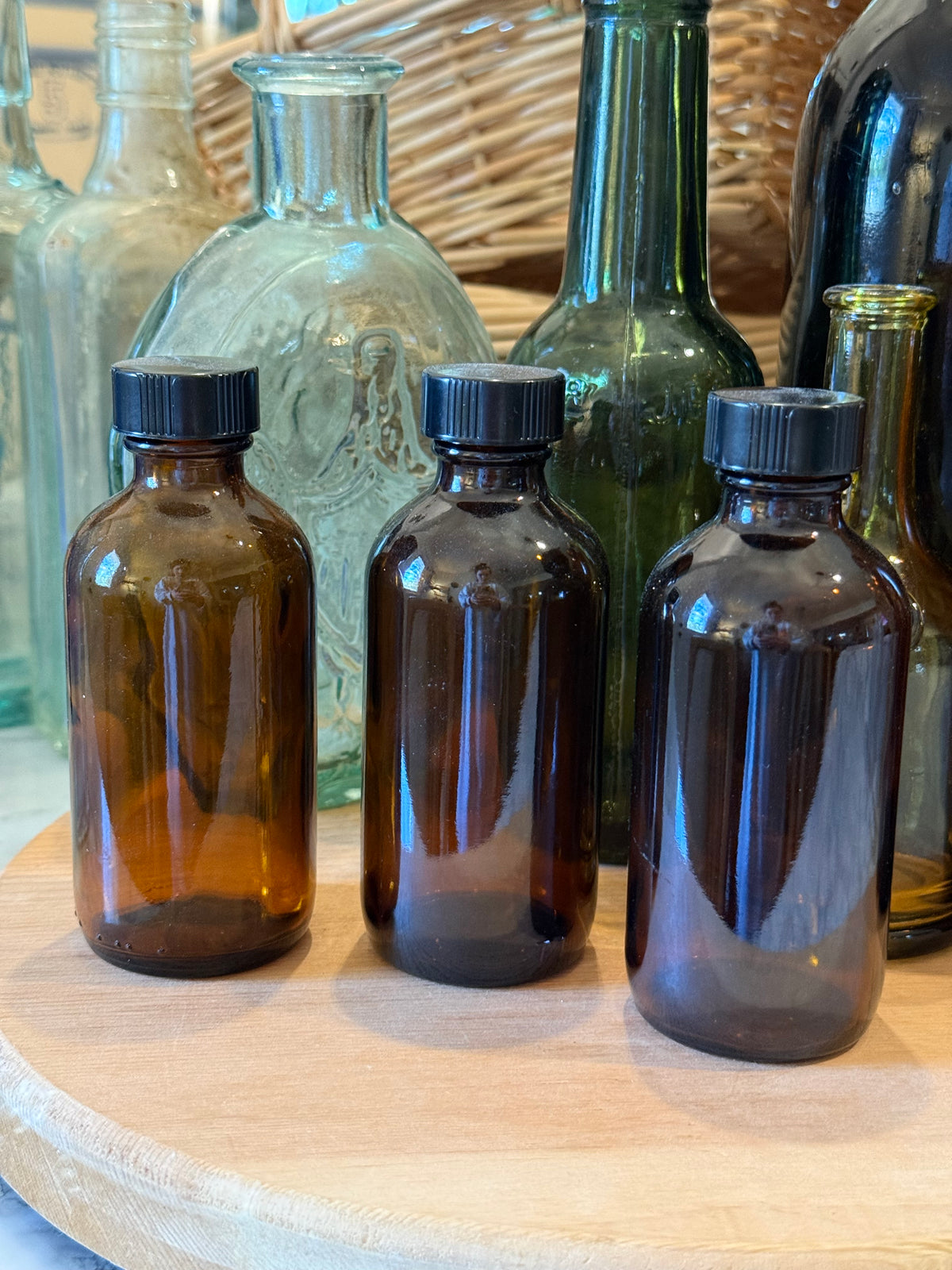 Amber Glass Small Bottles with Black Lids Set of 3 Apothecary Decor