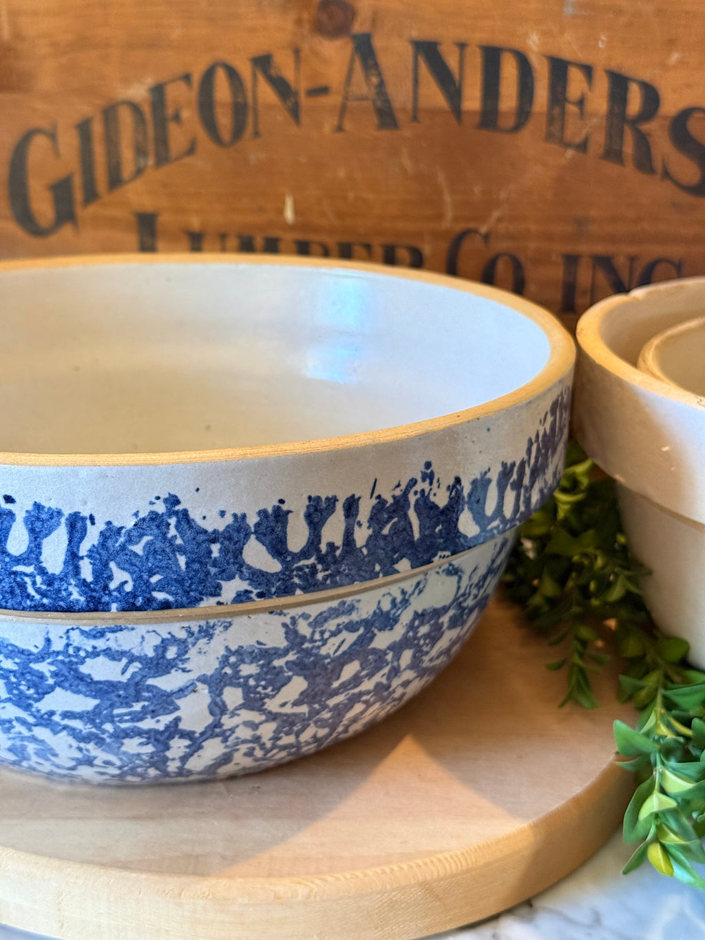 Antique Blue Spongeware Crock Shoulder Bowl - 10.75"