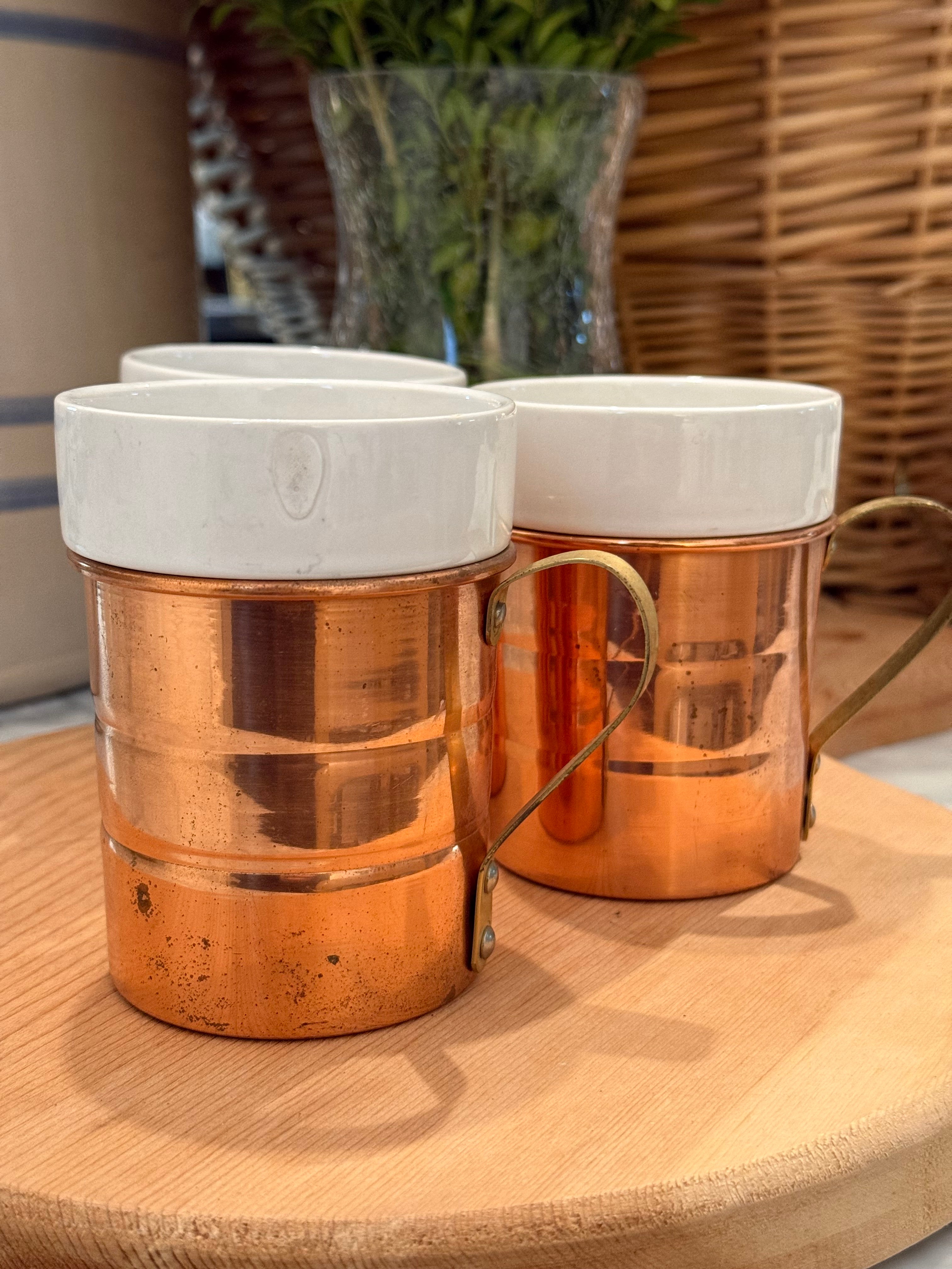 Vintage Copper Insulated Porcelain Mugs, Set of 4