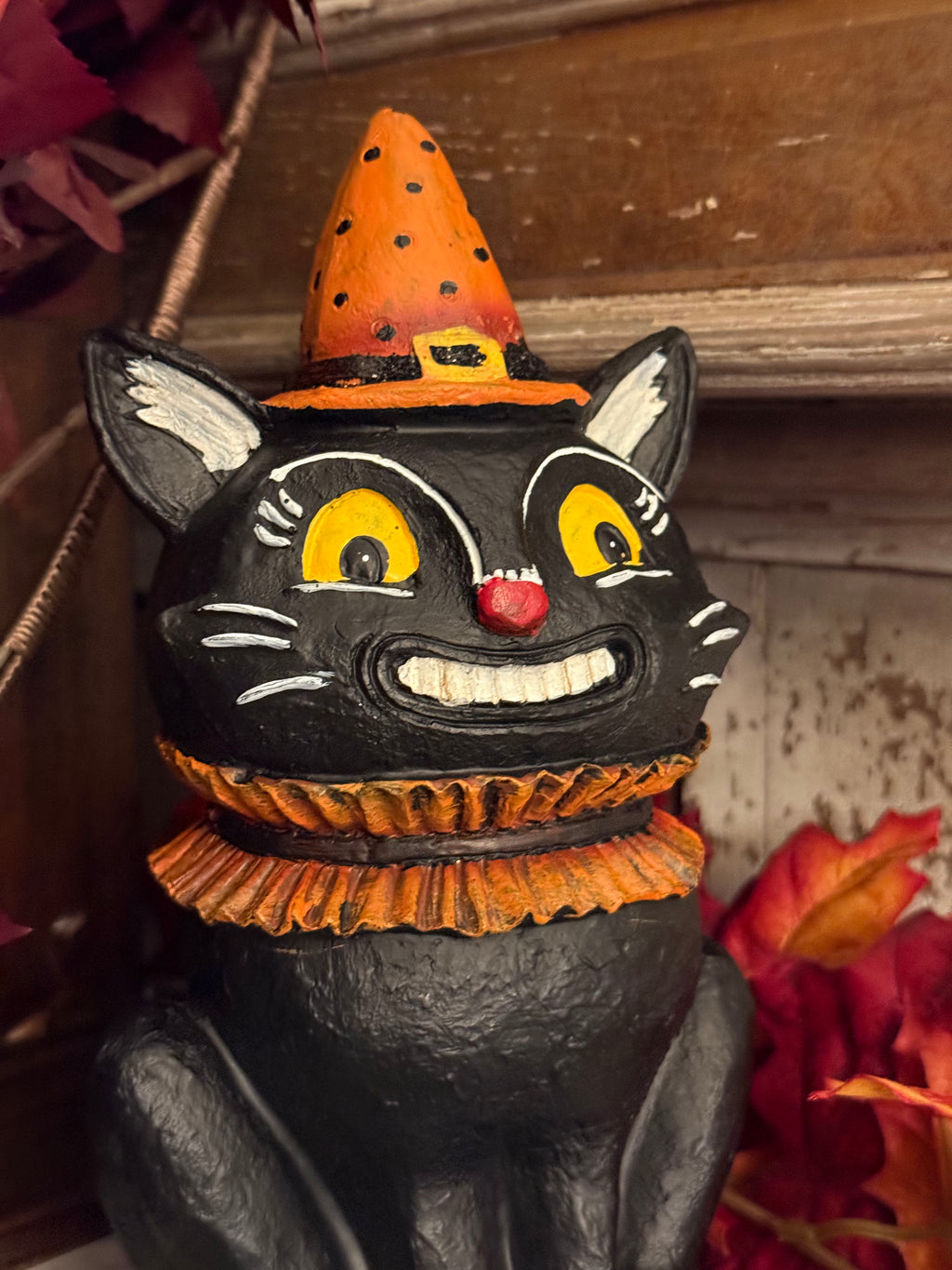 Folk Art Spooky Black Cat Statue Primitive-Style Halloween