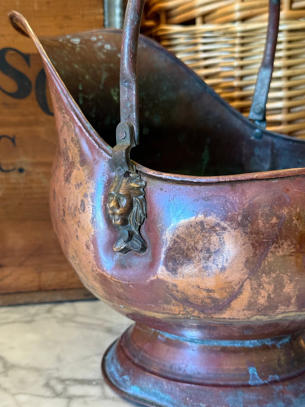 Small Vintage Copper Coal Scuttle Bucket with Delft-Style Handles