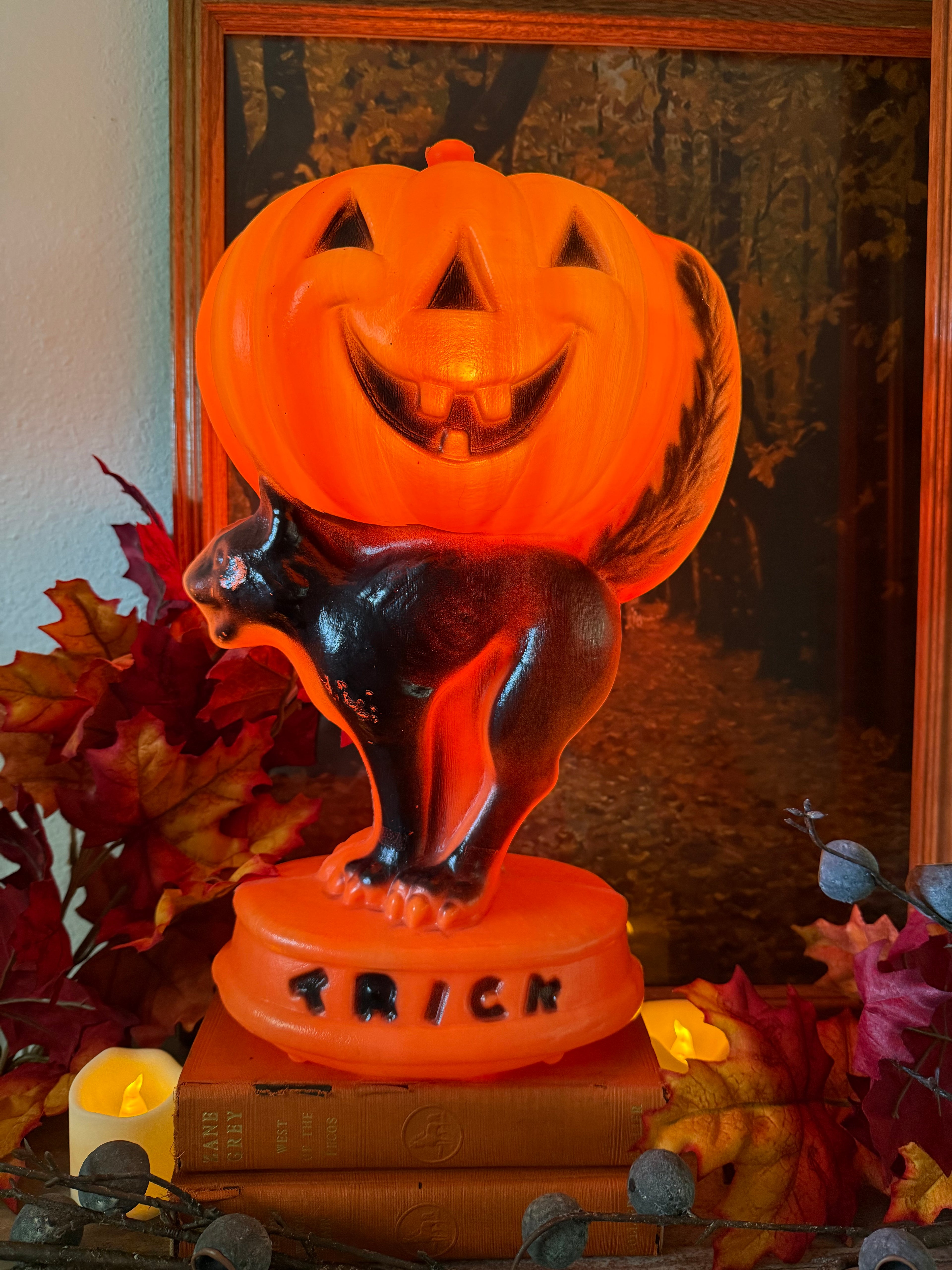 Vintage Halloween "Trick-or-Treat" Blow Mold Orange Pumpkin & Black Cat