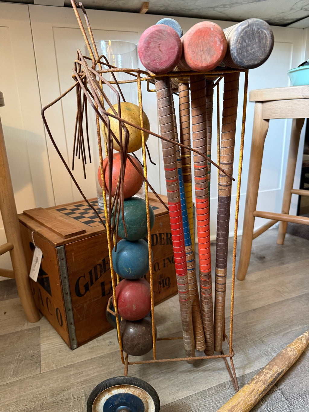 Vintage Wooden Croquet Set with Rolling Wire Cart