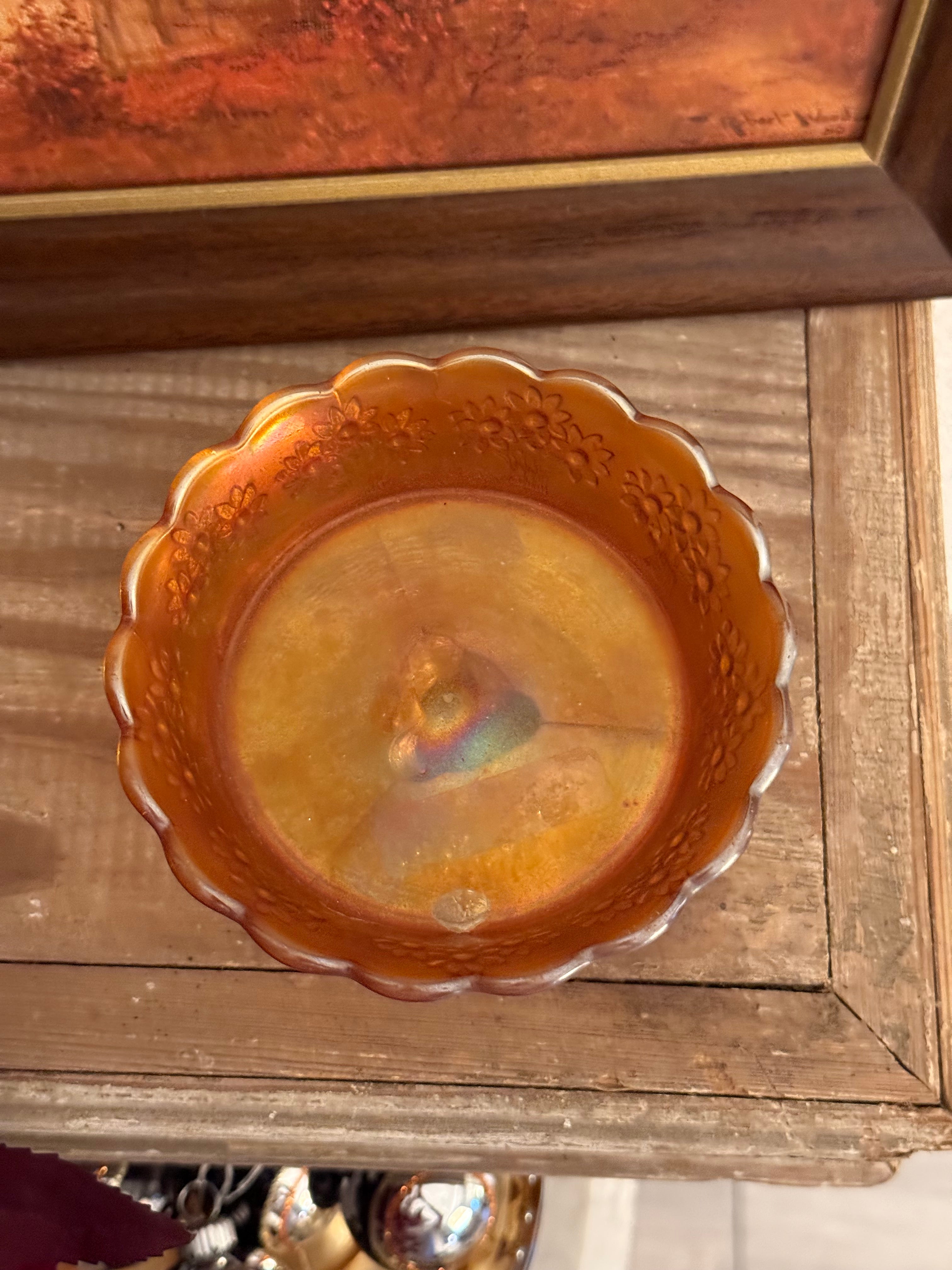 Antique Fenton Orange Tree Marigold Carnival Glass Footed Ice Cream Dish